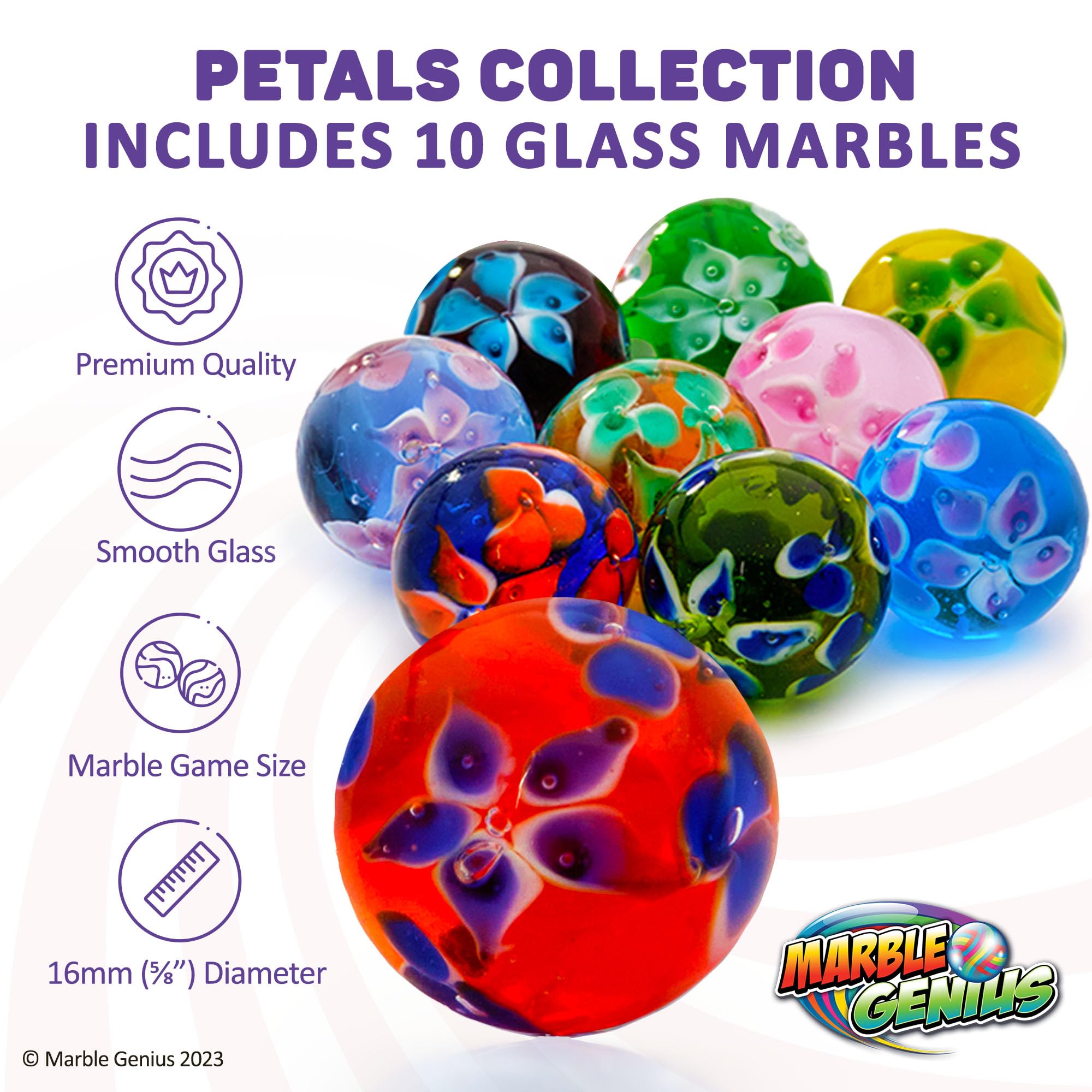 Marble Genius 16mm (5/8 Inch) Glass Marbles - Petals Collection Set of 10 | Kids Toys, Marble Games, DIY Crafts & Home Decor