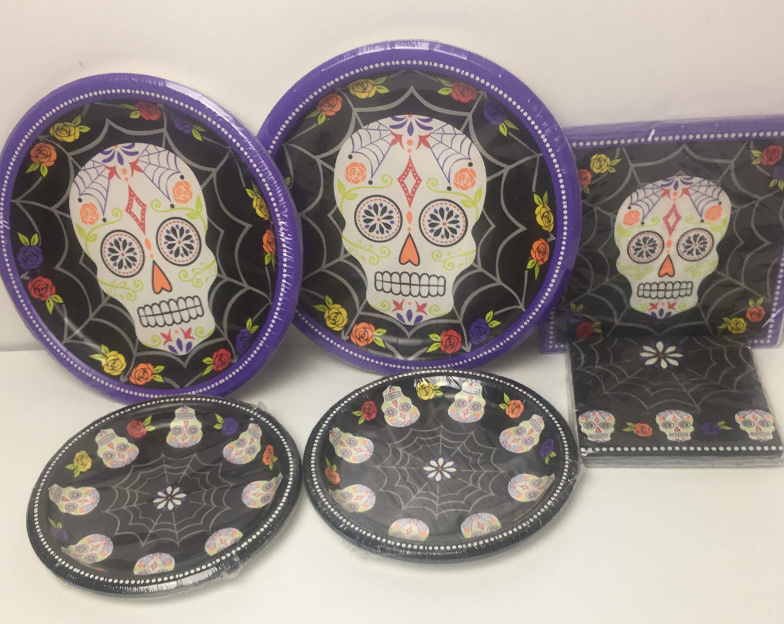 Day of the Dead Sugar Skull Party Supplies - 16-Piece Purple & Black Dinnerware Set with Plates & Beverage Napkins - Perfect for Halloween, Dia de los Muertos Celebrations & Themed Parties