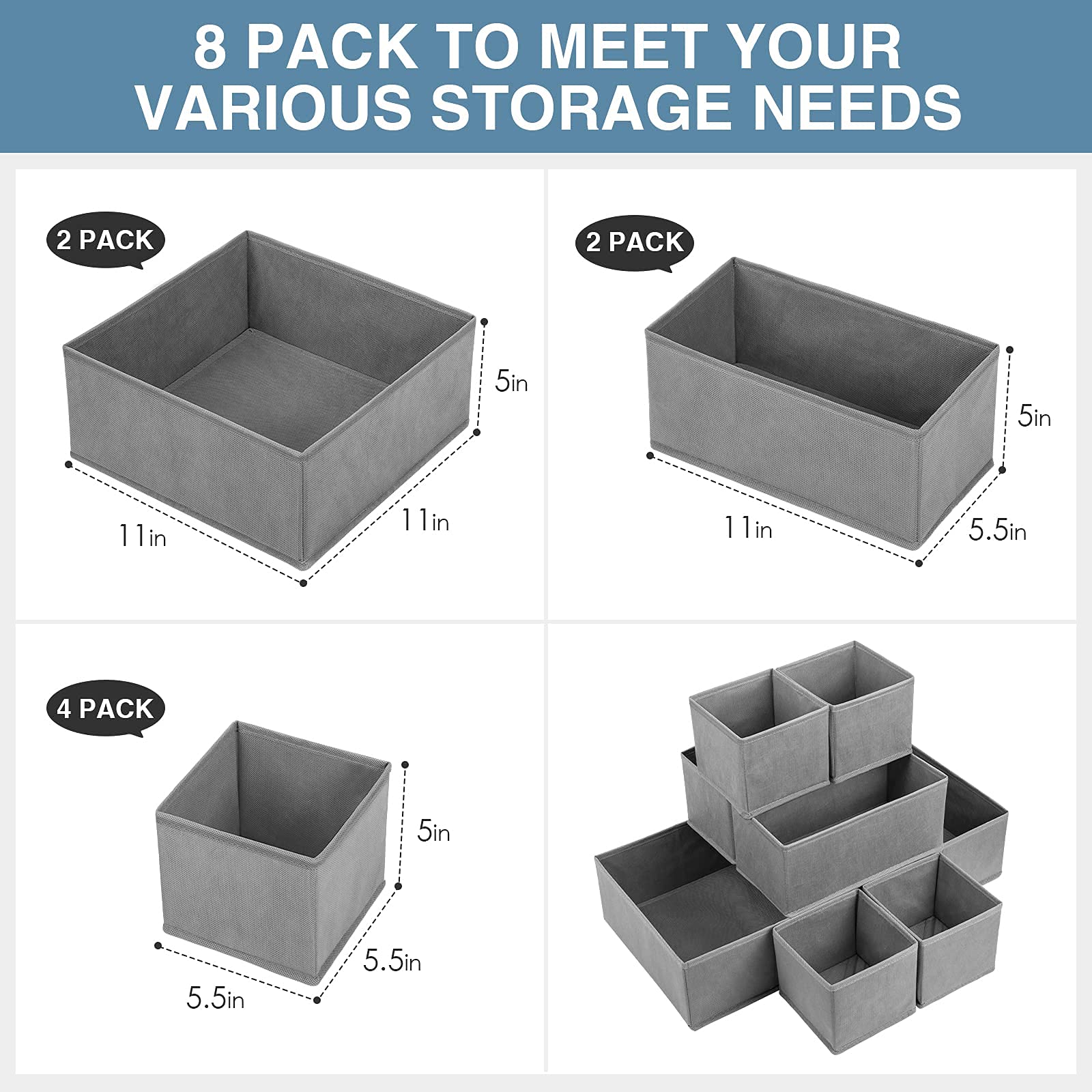 8-Pack 11-Inch Fabric Storage Cubes & 8-Pack Bra Sock Underwear Drawer Organizers - Closet Organization Solutions for Bedroom, Nursery, and Office Storage Needs