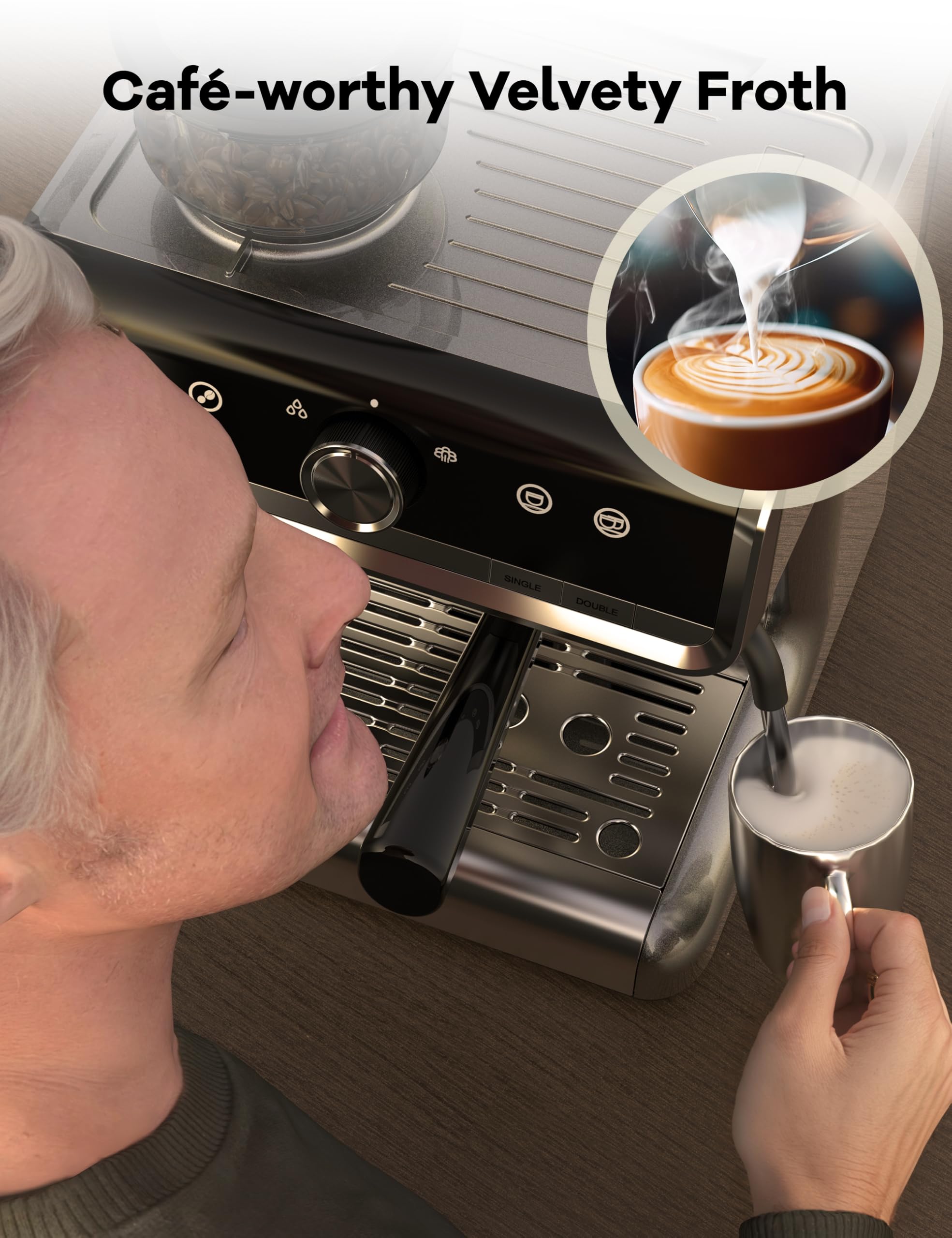 20 Bar Espresso Coffee Machine with Milk Frother - 2.8L Removable Water Tank, 1450W Semi-Automatic Espresso Maker with Built-in Grinder for Latte & Cappuccino | Perfect for Home Baristas & Coffee Lovers | Ideal for Kitchen, Office & Gift Giving