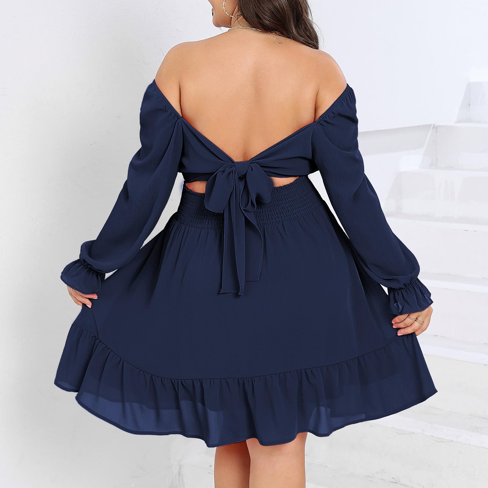Byinns Women's 2025 Plus Size Tie Back Square Neck Mini Dress with Long Lantern Sleeves & Elastic Waist - Perfect for Wedding Guest, Cocktail Party, Date Night and Special Occasions
