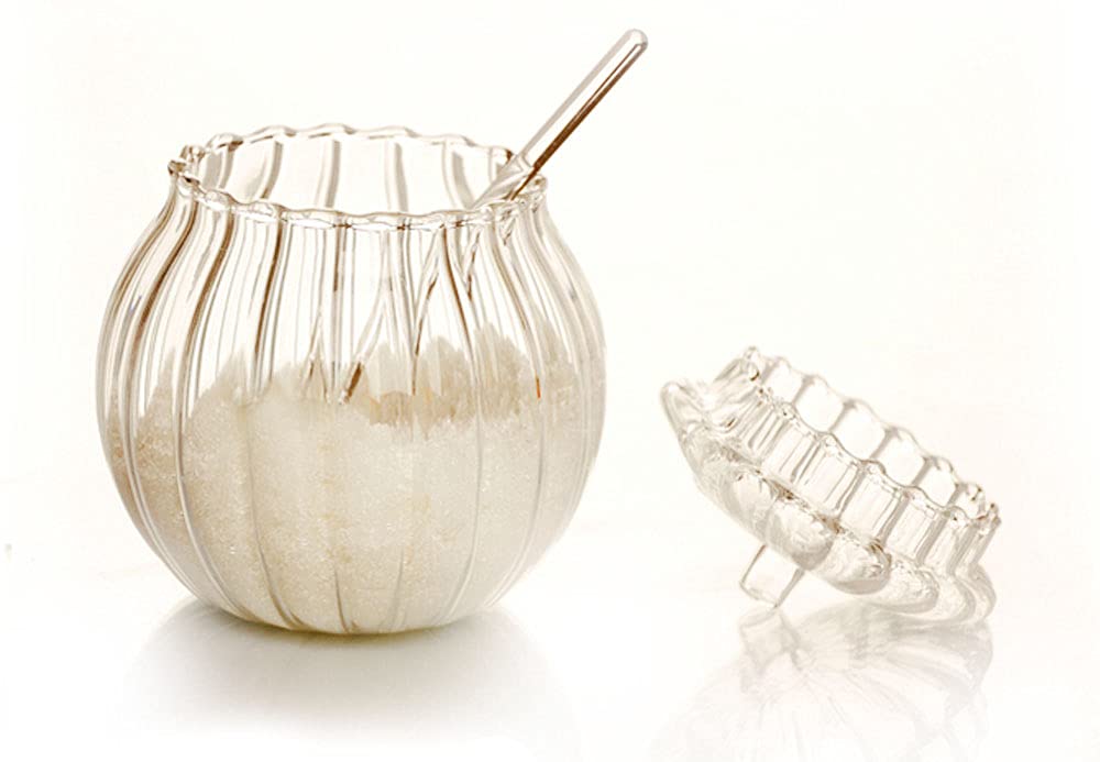 Clear Glass Striped Sugar Bowl with Lid and Spoon - Perfect for Coffee, Tea, and Kitchen Seasoning Storage