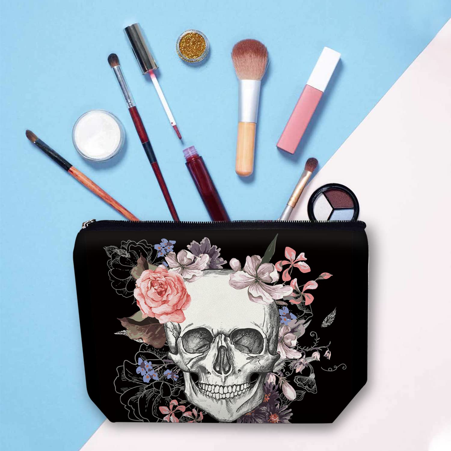 Large Travel Makeup Bag for Women - Waterproof Cosmetic Organizer with Zipper, 7x10 Inch Toiletry Pouch (Skull with Pink Flowers Design) - Perfect for Vacation, Gym, and Daily Beauty Essentials Storage