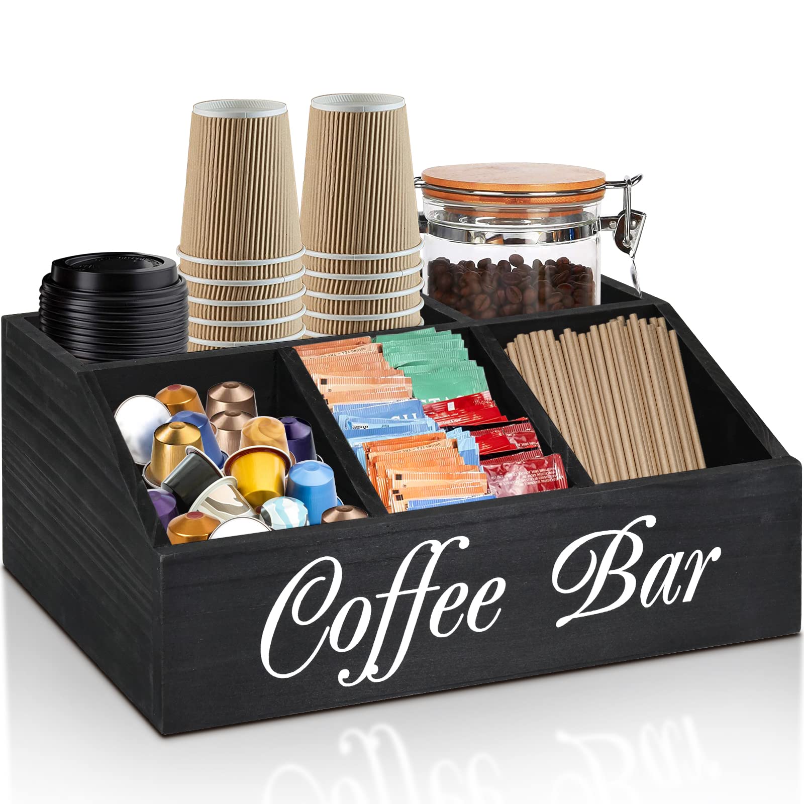 Wooden Coffee Station Organizer - Countertop Pods Holder & Tea Condiment Storage Basket - Coffee Bar Decor for Accessories - Perfect for Kitchen Counter & Home Coffee Bar Setup