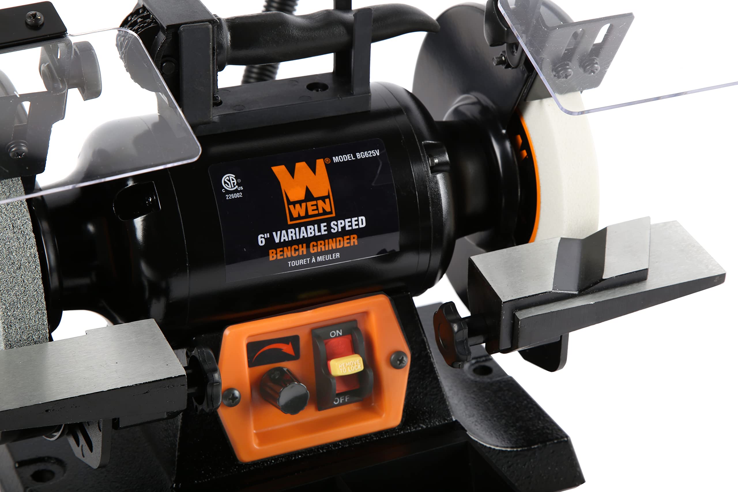 WEN BG625V 2.5-Amp 6-Inch Variable Speed Bench Grinder with Flexible Work Light - Black - Perfect for Metalworking, Sharpening Tools, and DIY Projects in Home Workshops