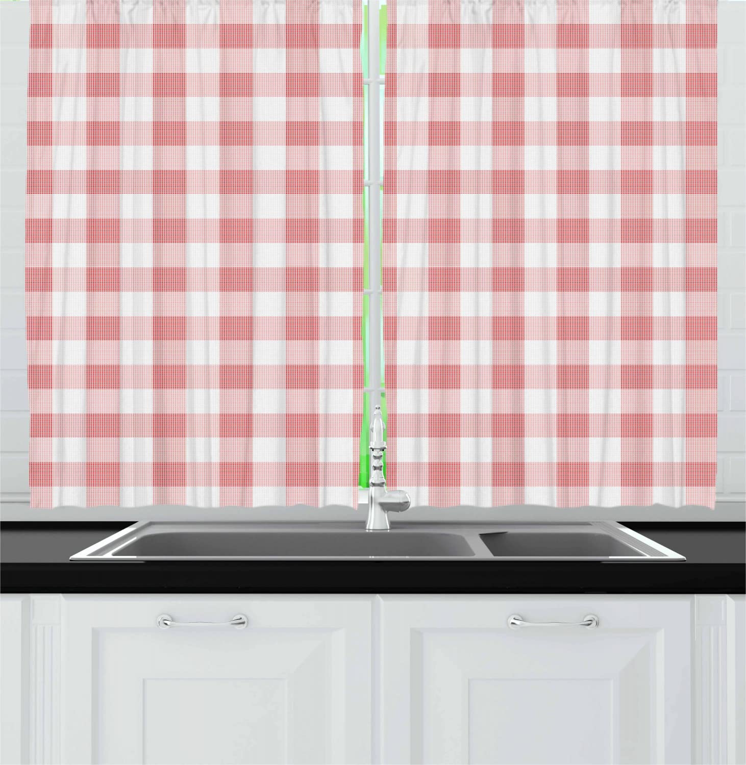 Ambesonne Checkered Long Kitchen Curtains - Countryside Picnic Themed Soft Gingham Pattern, 2 Panels with Rod Pocket, 55