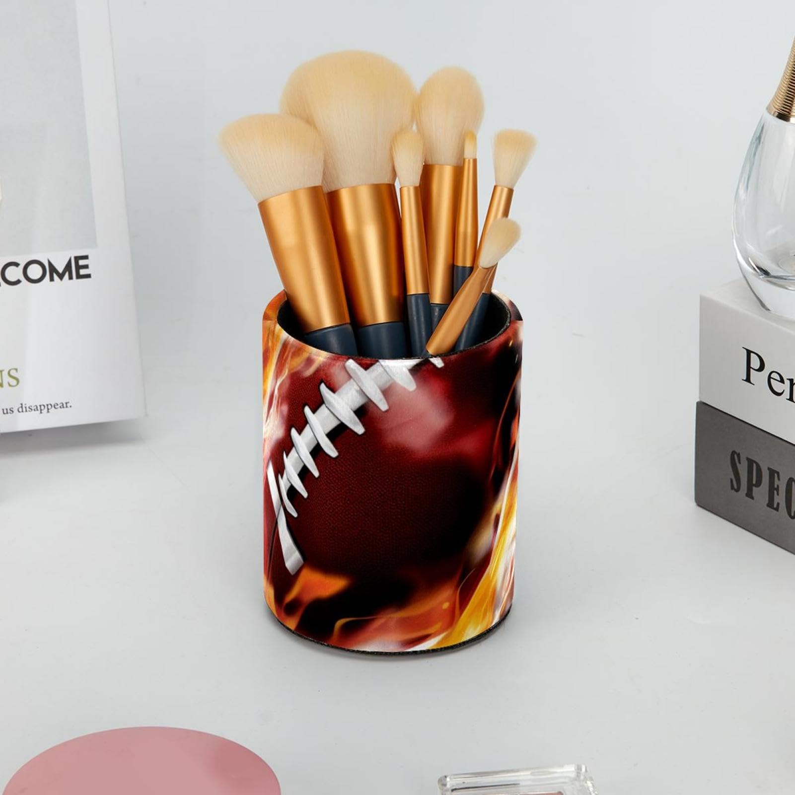 Stylish American Football & Fire-Themed Pen Holder for Desk - Premium Pen Organizer & Desk Accessories for Office, Home, or School Use