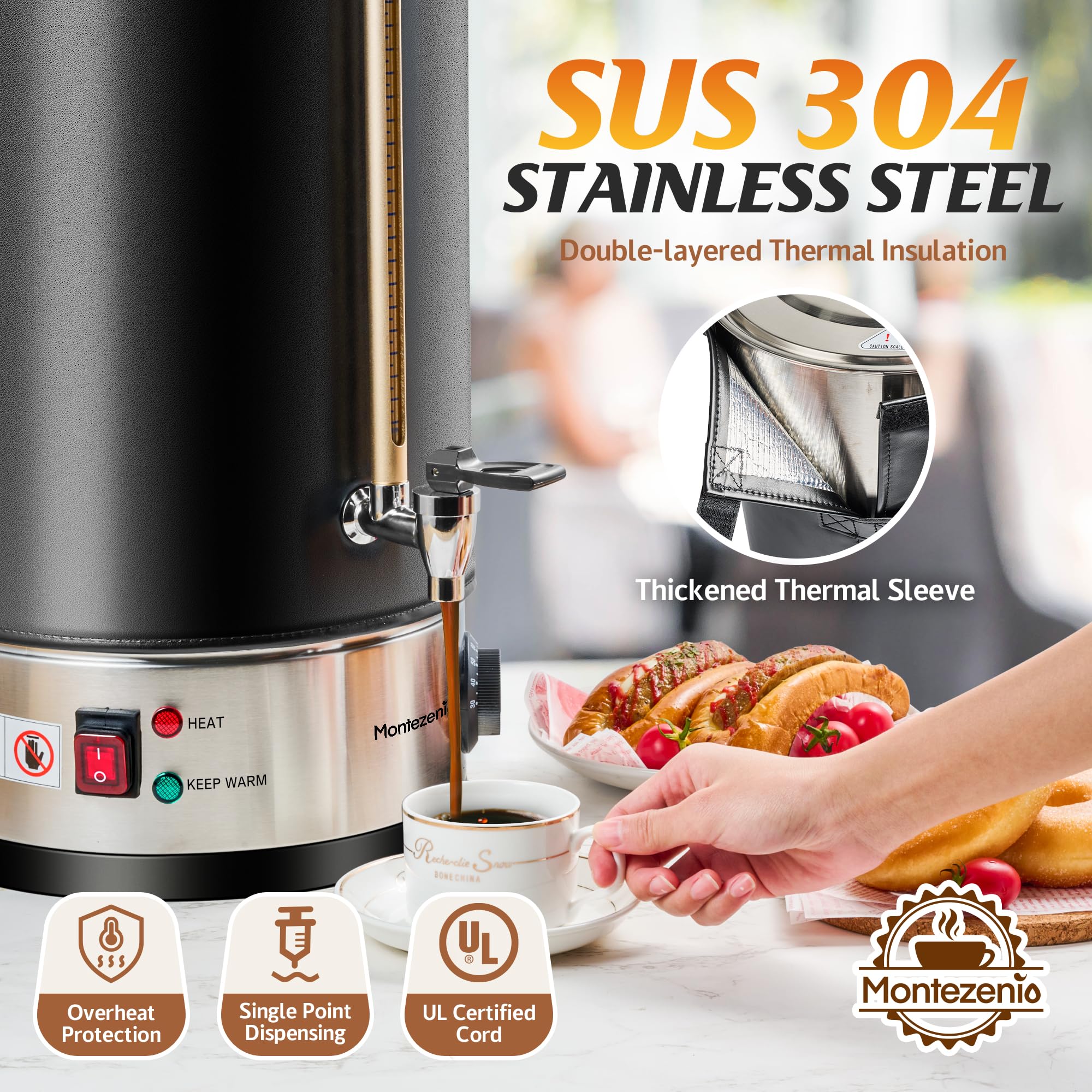 100 Cup Commercial Coffee Urn - 15L Stainless Steel Coffee Dispenser with Thermal Sleeve | Fast Brewing & Temperature Control | Perfect for Home, Office, Party & Catering | Water Level Indicator & Display