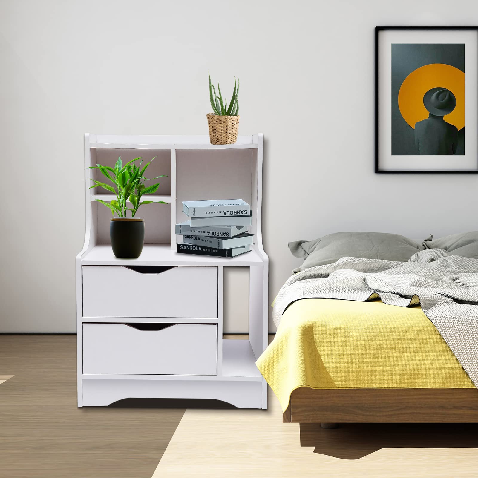 Stylish White Wooden Nightstand with 2 Drawers - Modern Bedside Table Cabinet for Bedroom, Living Room & Home Decor - Perfect for Storage, Reading Nook & Small Space Organization