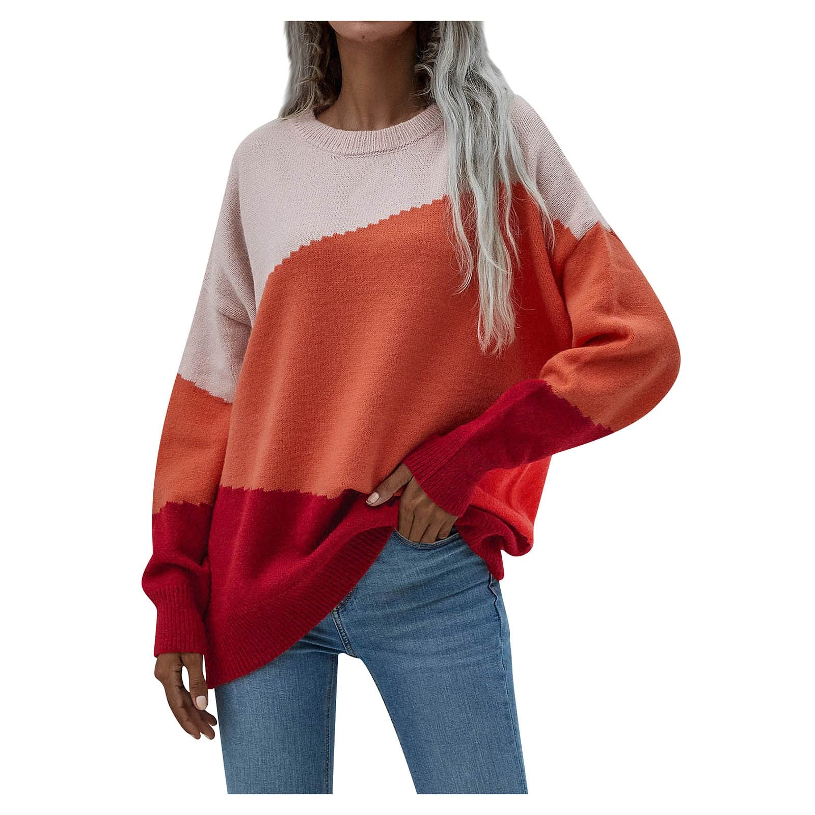 Women's Oversized Sweater Pullover - Comfy Loose Knit Jumper Top with Chic Patchwork Design | Casual Winter Wear, Cozy Fall Outfits & Stylish Layering Essential