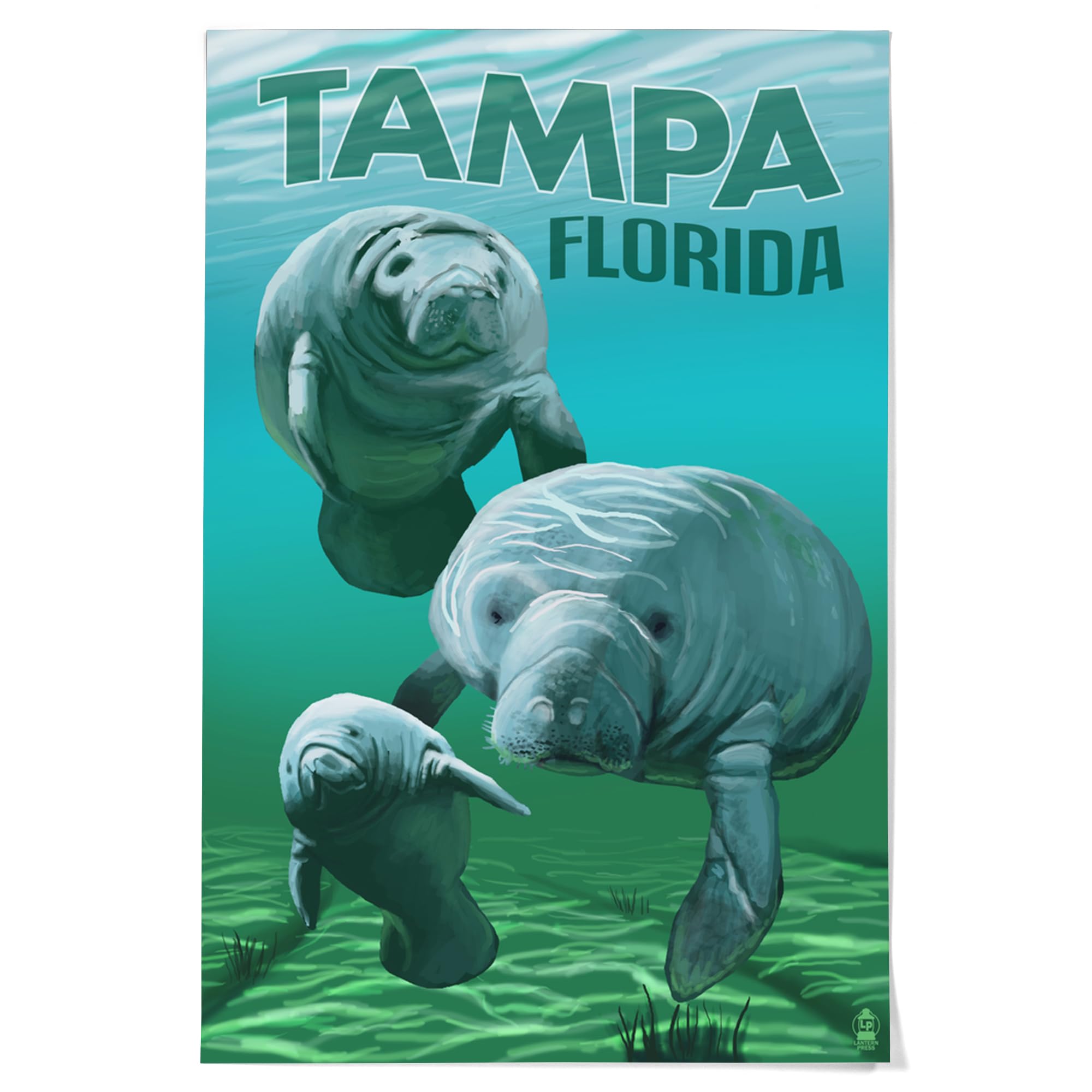 Lantern Press 36x54 Inch Giclee Art Print - Tampa Florida Manatees Wall Decor - Premium Canvas Painting for Living Room, Bedroom & Office