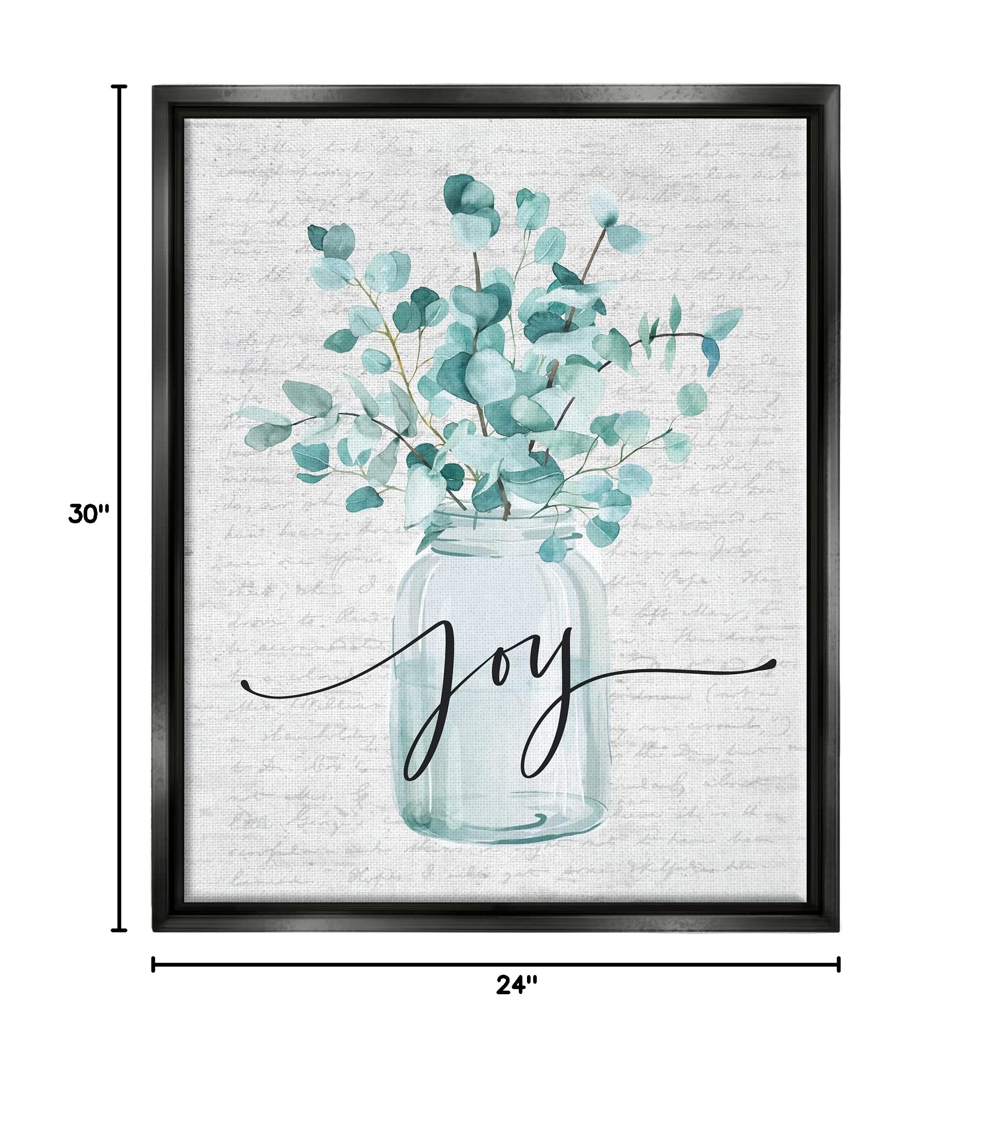 Stupell Industries Aqua Blue Plant Leaves in Jar Joy Text Wall Art - 12x12 Inch Floater Frame Home Decor - Botanical Print for Living Room, Bedroom & Office
