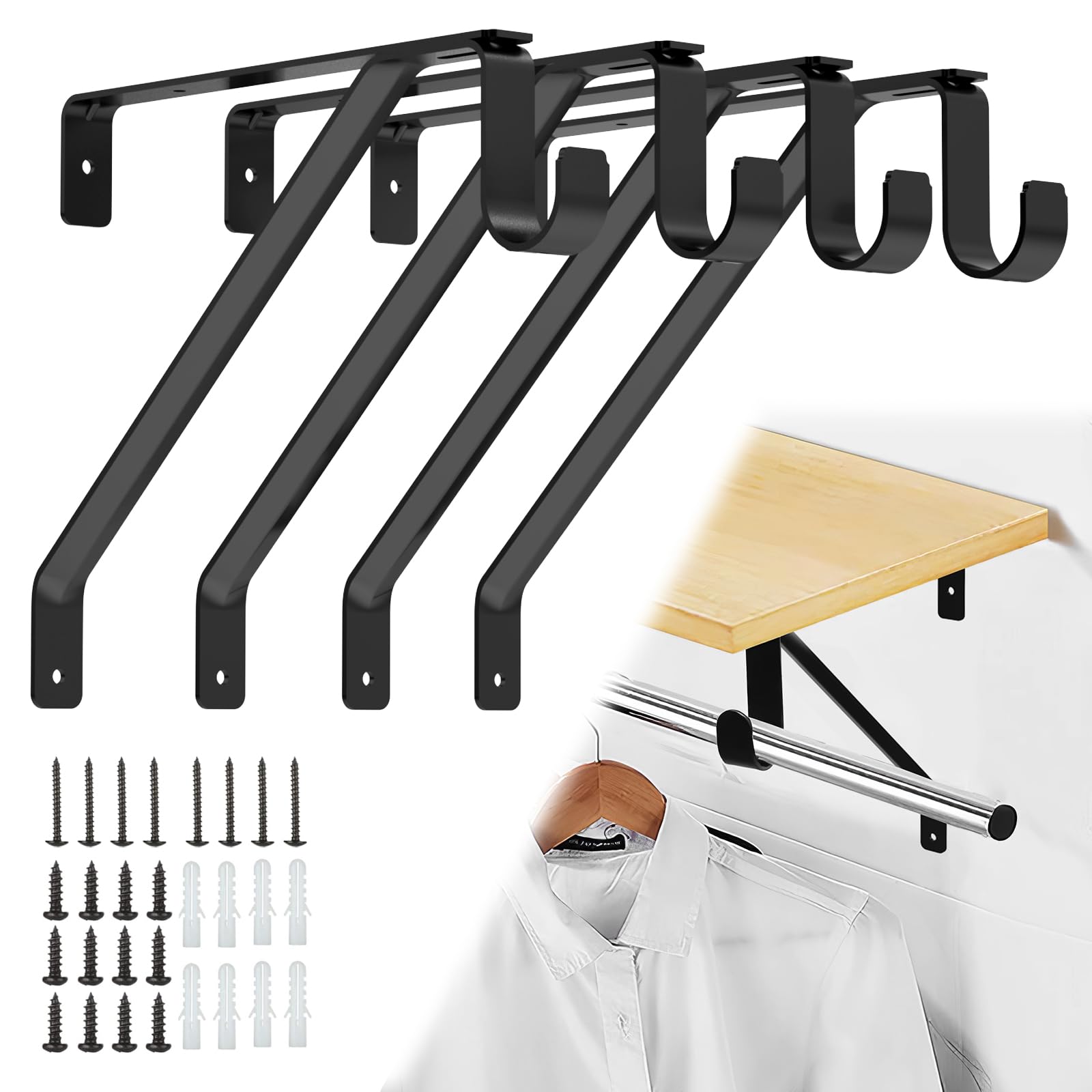 Heavy Duty Adjustable Shelf Brackets 10 Inch Black 4 Pack - Closet Rod Holders for Sturdy Storage Solutions in Closet, Laundry Room, Garage & Home Organization