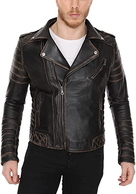 Vintage Distressed Black Leather Jacket for Men - Stylish Biker Motorcycle Jacket - Perfect for Casual Wear, Night Out & Motorcycle Riding