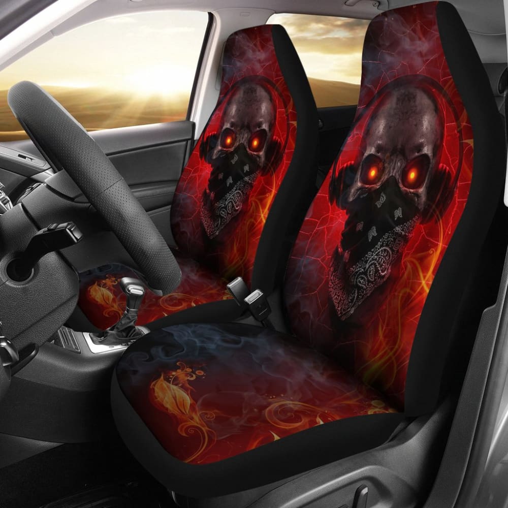 Gothic Skull Car Seat Covers with Red Fire Music Headphones - Punk Rock Style Auto Accessories for Music Lovers & Car Enthusiasts - Perfect for Road Trips, Concerts, and Gothic-Themed Vehicles