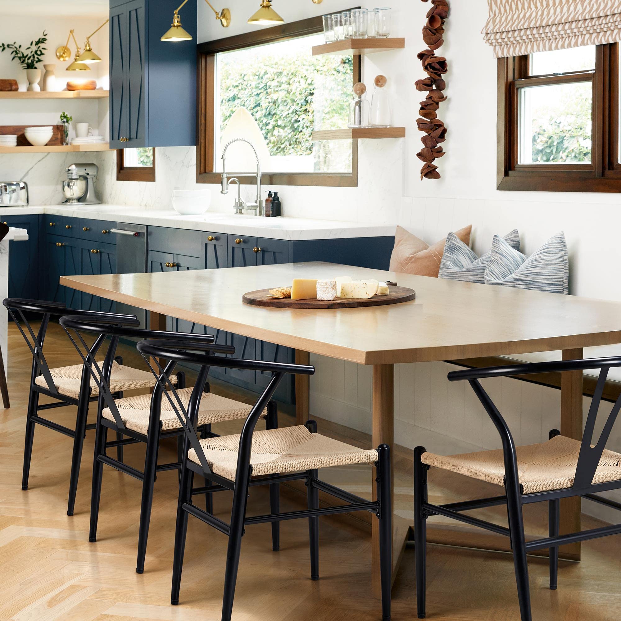Yaheetech 6-Piece Mid-Century Modern Dining Chair Set - Black Metal Frame with Y-Shaped Backrest & Woven Hemp Seat - Perfect for Kitchen, Dining Room, Patio or Outdoor Entertaining (3 Packages/6 Chairs)