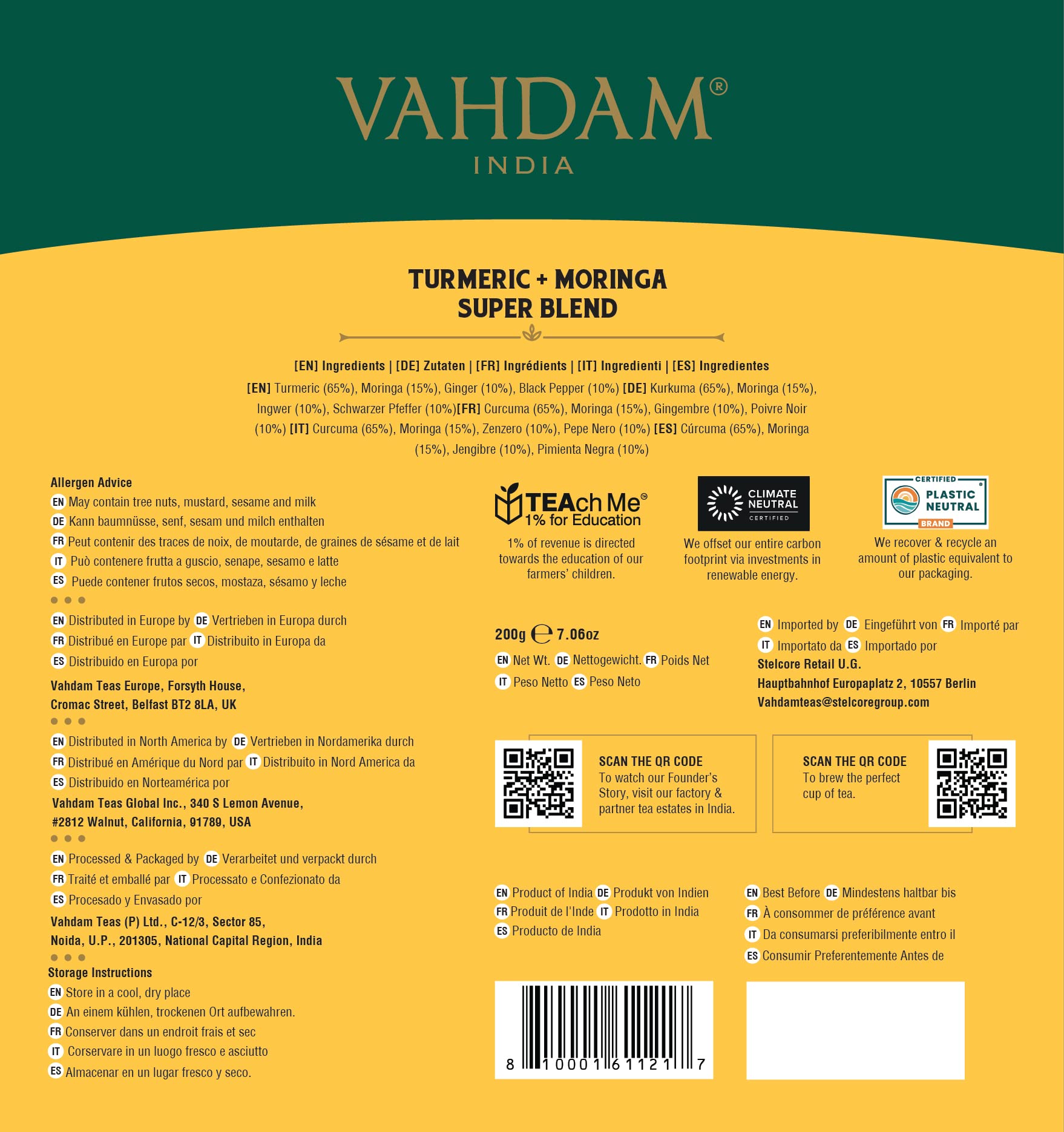 VAHDAM Turmeric Moringa Tea Bags - 100 Count | Caffeine Free Herbal Tea | Non-GMO, Gluten Free | 100% Pure Natural Ingredients | Sweet Earthy Flavor | Resealable Ziplock Pouch | Perfect for Relaxation, Detox & Wellness