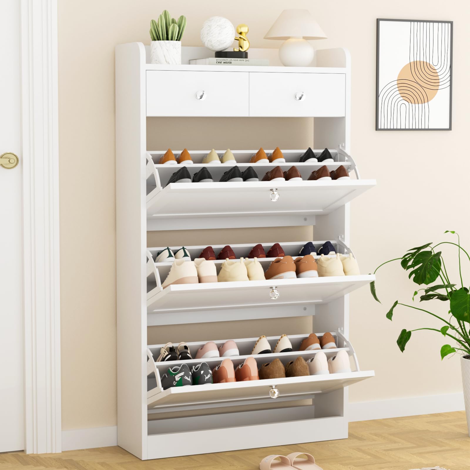 VOWNER 3-Tier Shoe Storage Cabinet with Flip Drawers & Adjustable Shelves - Freestanding Entryway Organizer for Shoes, Boots & Accessories - Perfect for Hallway, Living Room & Closet Organization (White)