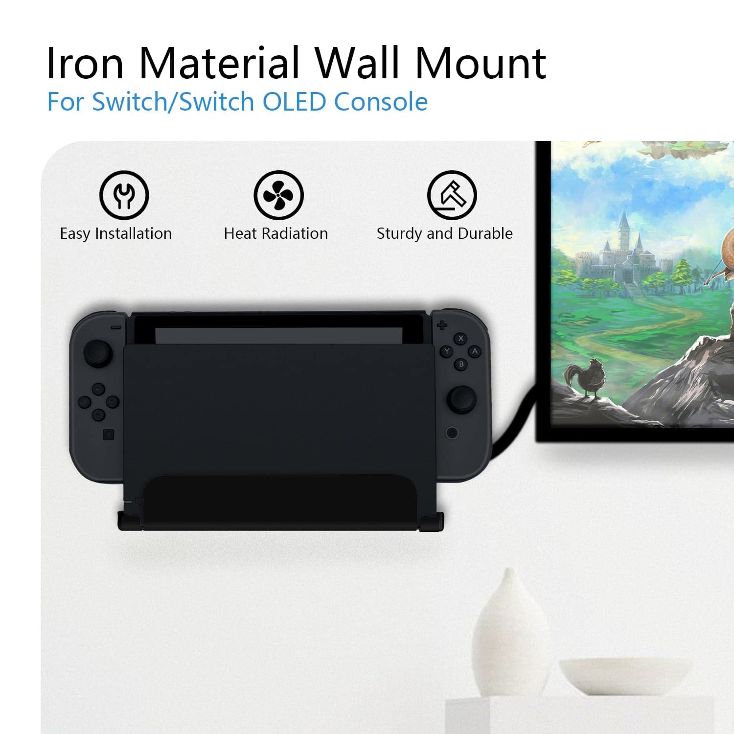 Mcbazel Wall Mount for Nintendo Switch OLED/NS Switch - Metal Wall Bracket with Joycon Hooks, Screw Set & Screwdriver - Space Saving Near or Behind TV - Black - Perfect for Gaming Rooms & Living Room Setups
