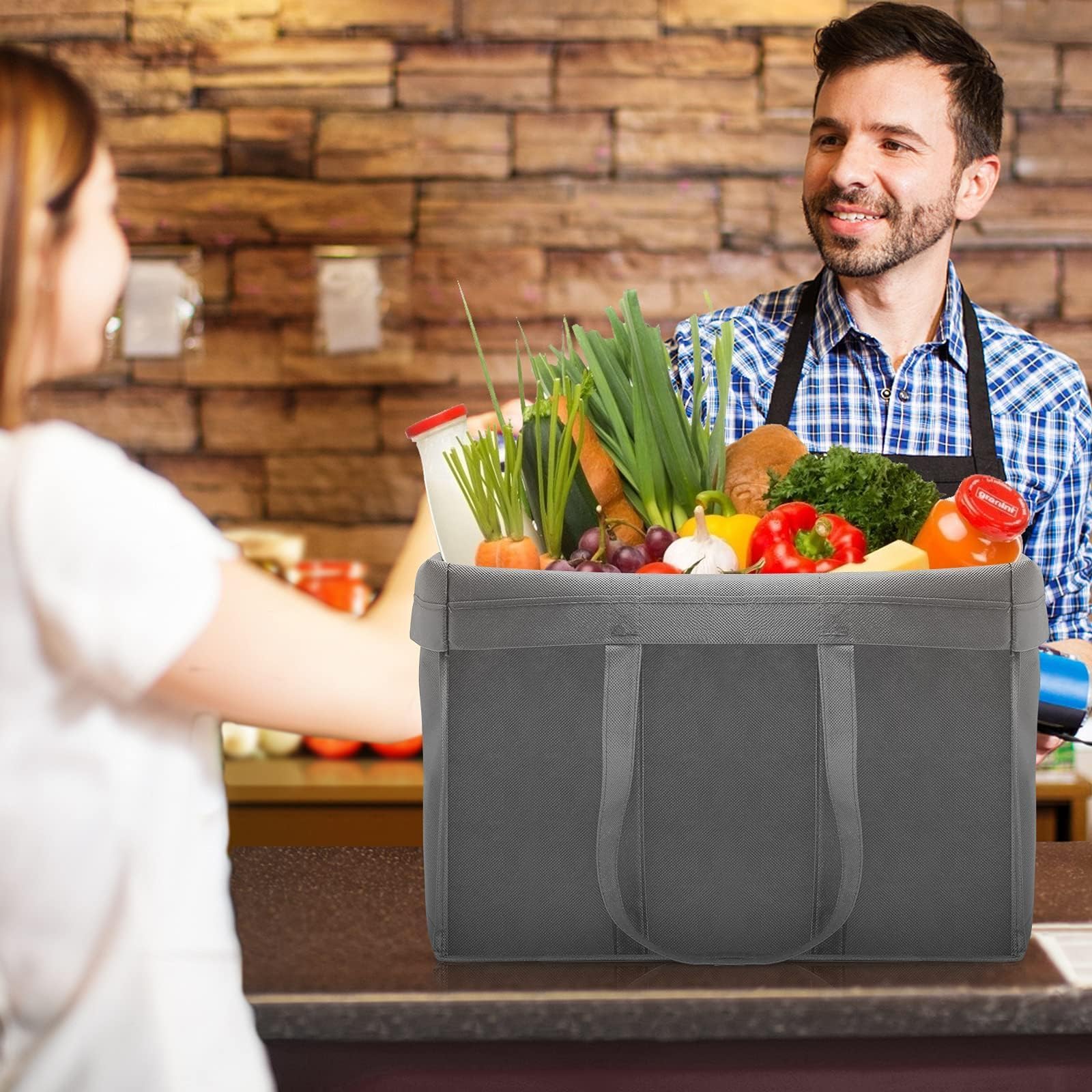 WISELIFE 10 Pack Large Reusable Grocery Shopping Bags - Foldable Eco-Friendly Tote Bags with Long Handles for Groceries, Clothes & Produce (Grey & Black) | Perfect for Grocery Shopping, Farmers Markets & Travel