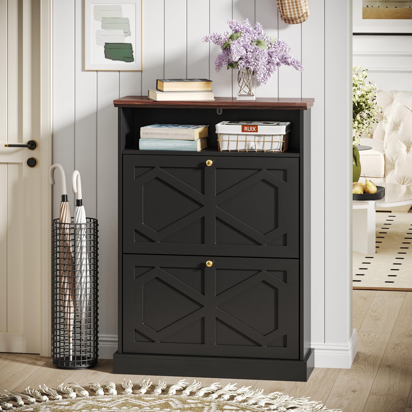 Maupvit 2-Tier Flip-Drawer Shoe Storage Cabinet - Freestanding Entryway Shoe Organizer with Open Shelves & Wooden Legs - Farmhouse Narrow Shoe Rack for Foyer, Hallway, Living Room - Perfect for Small Spaces & Home Organization (Black)