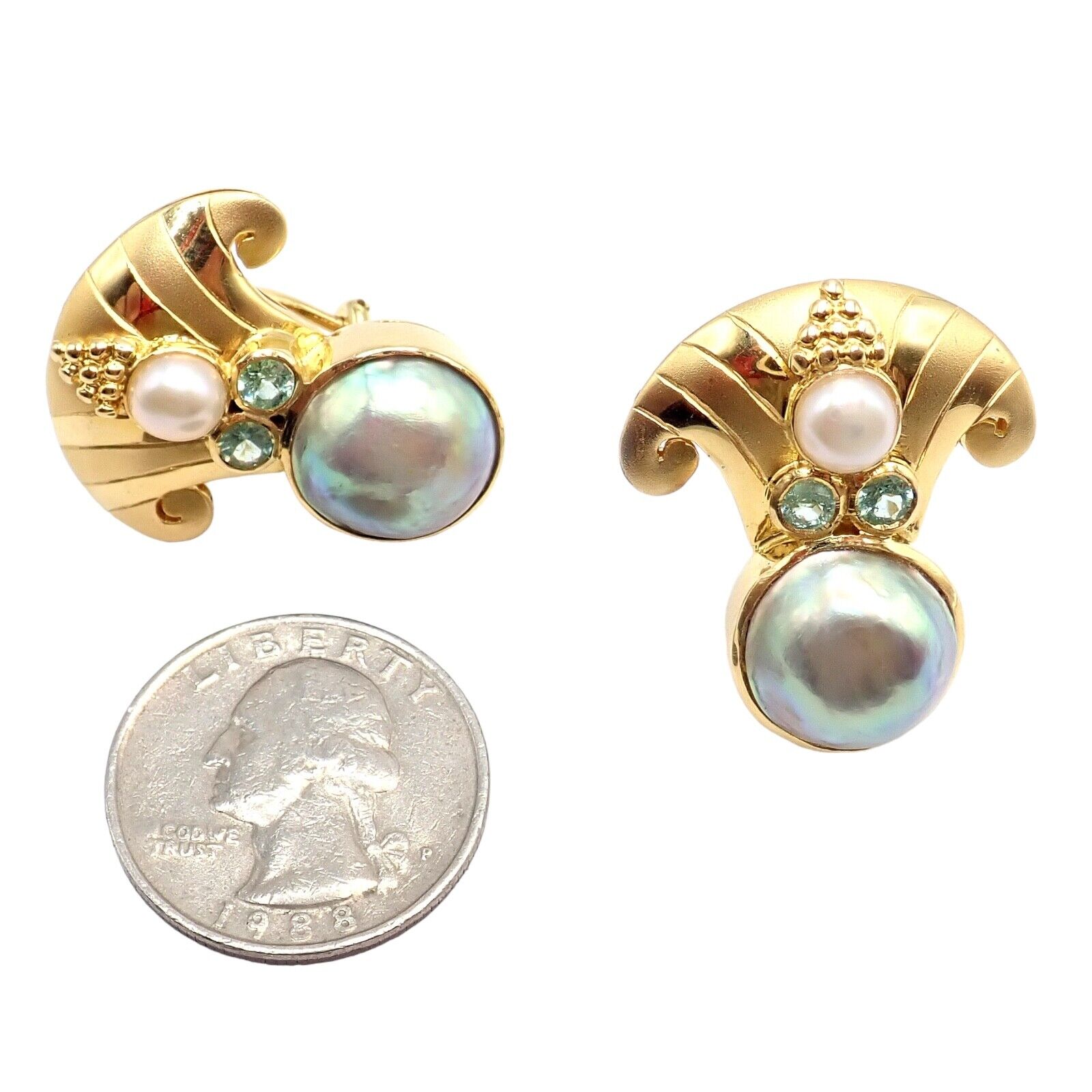 Exquisite Vintage Paula Crevoshay 18K Gold Abalone Pearl & Blue Gemstone Earrings - Unique Handmade Jewelry for Women - Perfect for Weddings, Anniversaries & Special Occasions