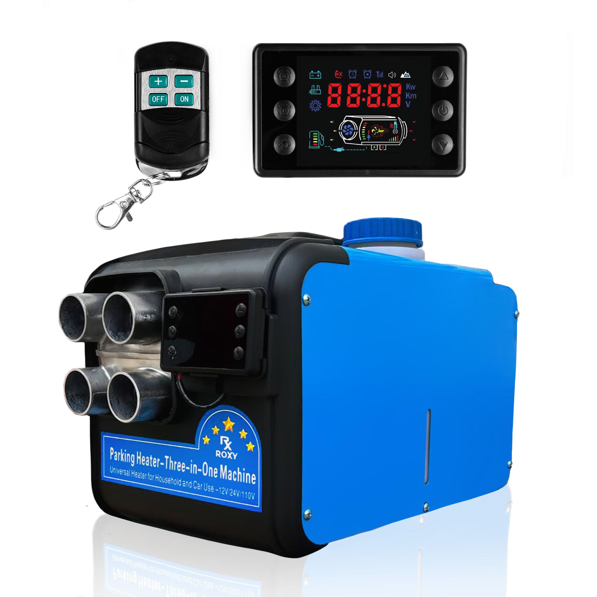 8kW Portable Diesel Heater - 12V/24V/220V Multi-Voltage with 5L Fuel Tank, LCD Screen & Remote Control (-40°F to +176°F) - Perfect for RV Heating, Truck Cab Warmth, Camper & Trailer Climate Control | Blue
