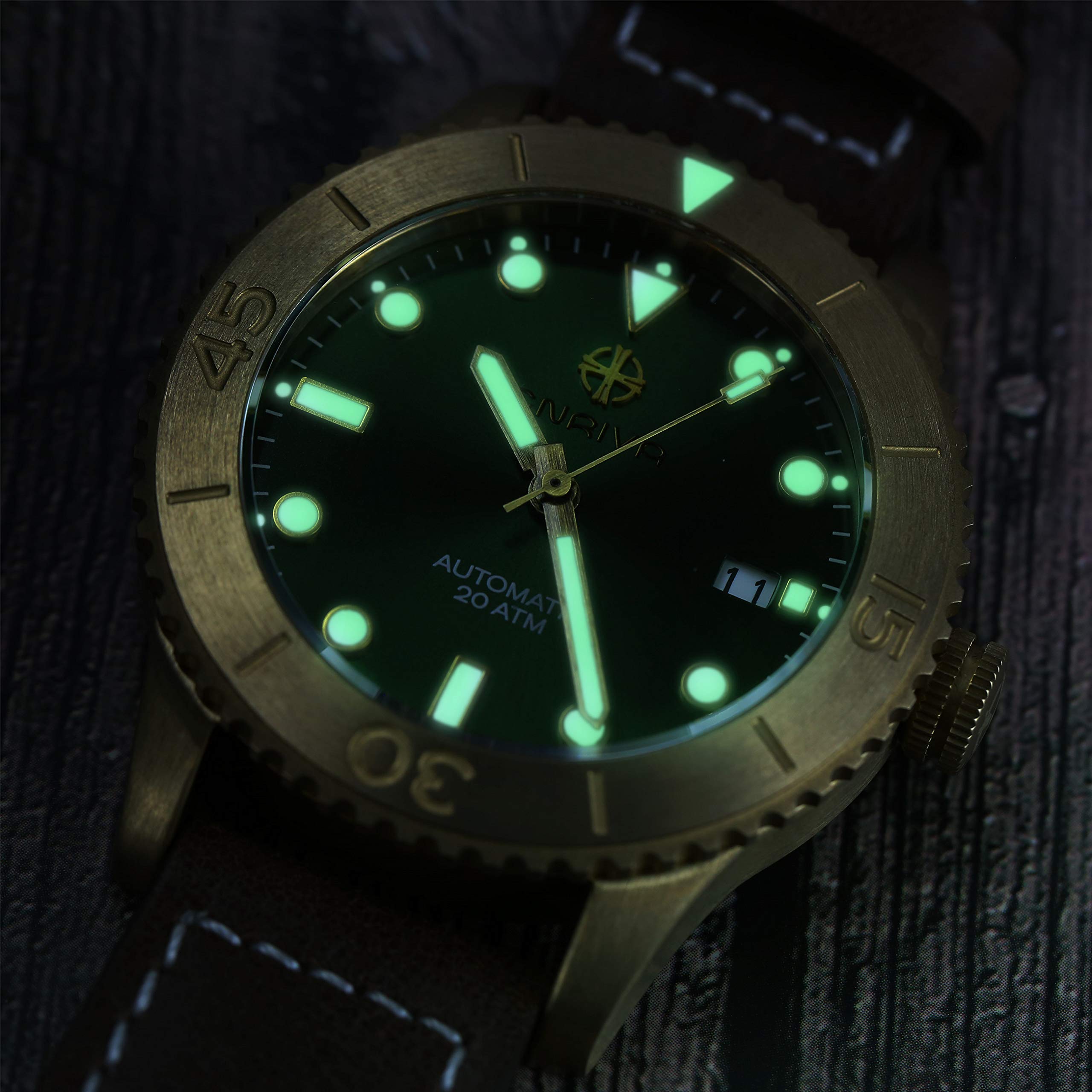 ENRIVA Men's 200m Water Resistant Bronze Automatic Military Dive Watch with Japanese NH35 Movement, Super Luminous, Leather Strap - Perfect for Scuba Diving, Outdoor Adventures & Everyday Wear