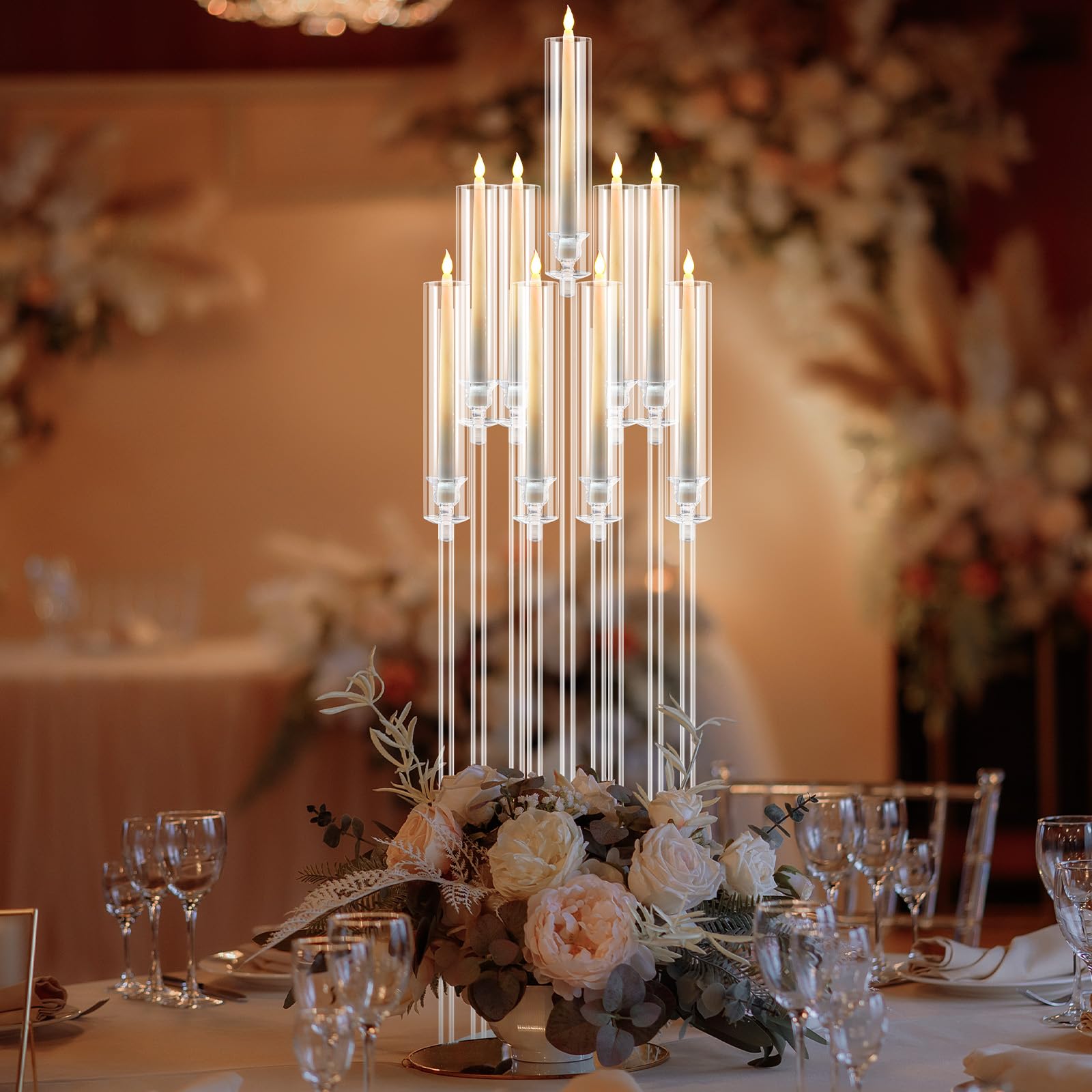 Tessco 4-Piece 9-Arm 42.5-Inch Clear Acrylic Candelabra Set - Elegant Table & Floor Centerpiece with Removable Lampshade - Perfect for Weddings, Parties & Home Decor - Fits 0.8 LED Candles
