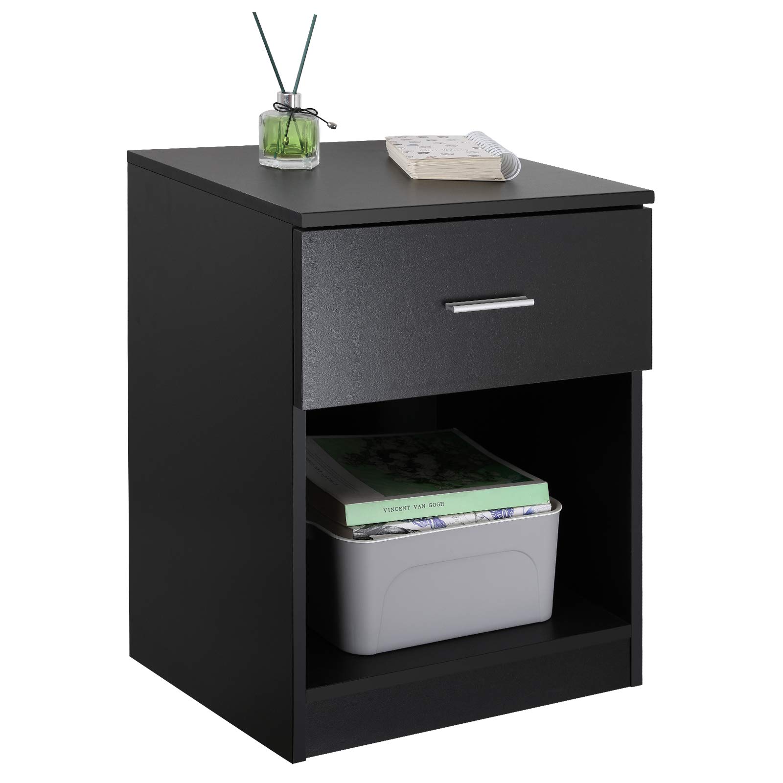GOLDORO Black Nightstand with Drawer - Bedside Table with Shelf for Bedroom, Living Room & Home Office - Compact End Table with Storage for Books, Lamps & Essentials