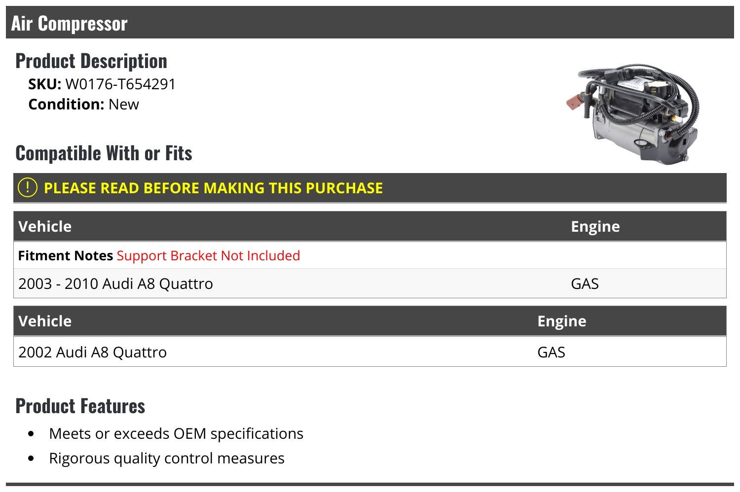 2002-2010 Audi A8 Quattro Air Suspension Compressor Replacement - OEM Quality for Smooth Ride & Enhanced Comfort - Perfect for Off-Roading, Long Trips & Daily Commutes