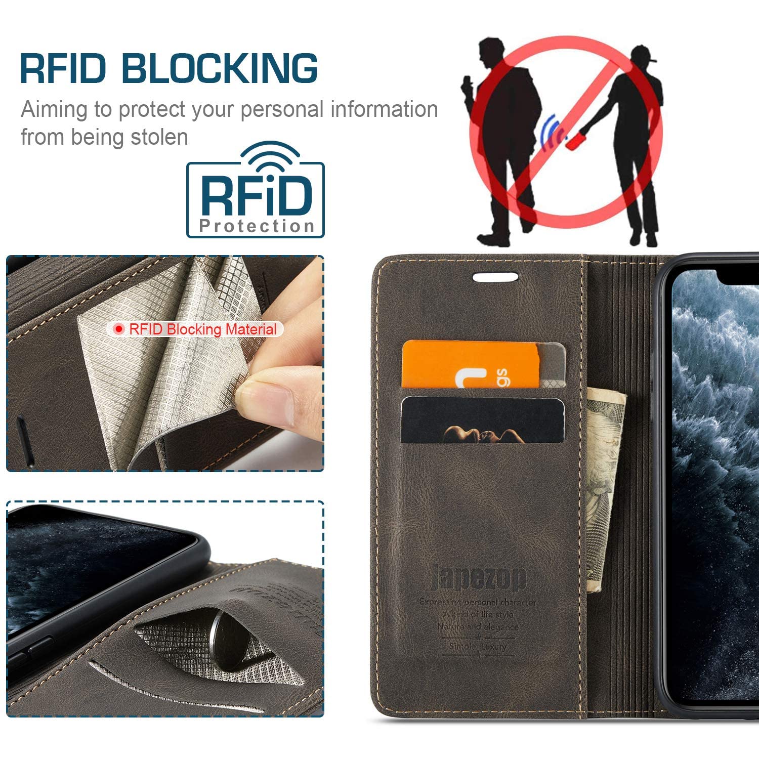 Premium RFID Blocking PU Leather Wallet Case for iPhone 11 Pro Max (6.5 inch) - Magnetic Flip Cover with Card Holder (Coffee) | Perfect for Daily Commute & Business Travel Protection