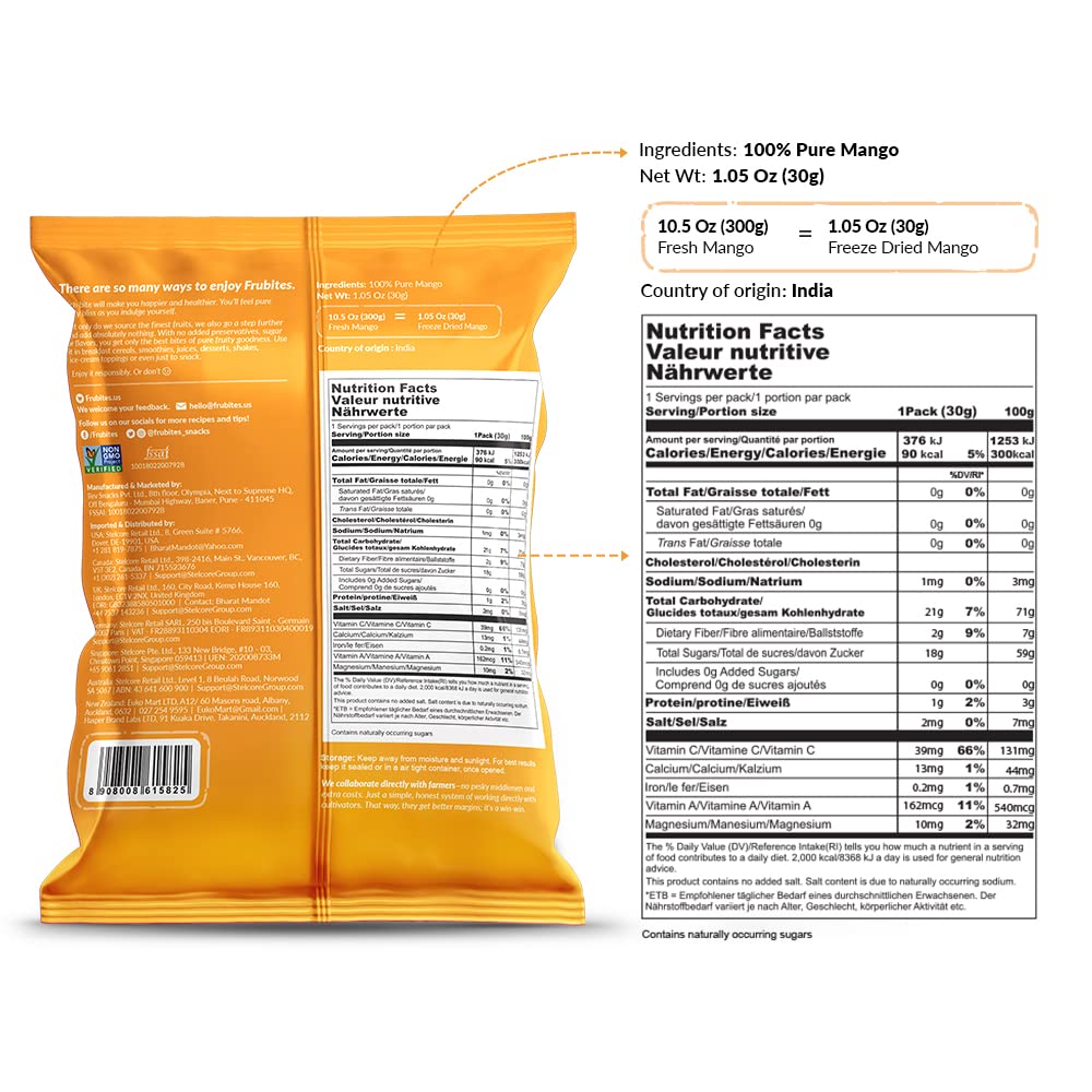 Frubites Freeze Dried Mango Snacks - Crunchy, Healthy Fruit Treats | No Sugar, No Preservatives, Gluten-Free, Vegan, Non-GMO | 7 Packs (1.06oz Each) | Perfect for School Lunches, Hiking, and On-the-Go Snacking