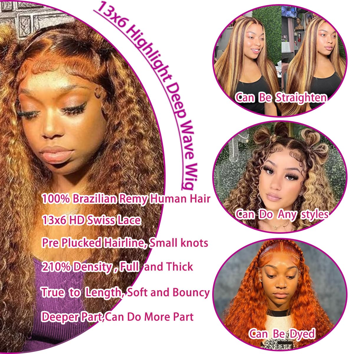 13x6 Highlight Deep Wave Lace Front Wigs Human Hair 210% Density Deep Curly Human Hair Wig Pre Plucked 28inch P4/27 Ombre HD Lace Frontal Wigs for Women - Perfect for Daily Wear, Parties, Cosplay & Special Occasions