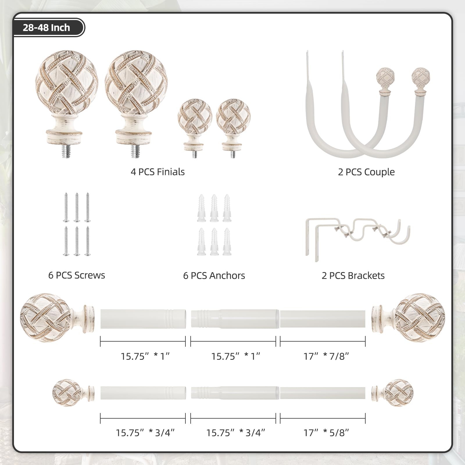 Ycolnaefllr 1 Inch Heavy Duty Double Curtain Rod Set - Adjustable 28-48 Inches for Windows - Weathered White with Resin Finials & Holdbacks - Perfect for Living Room, Bedroom & Home Decor