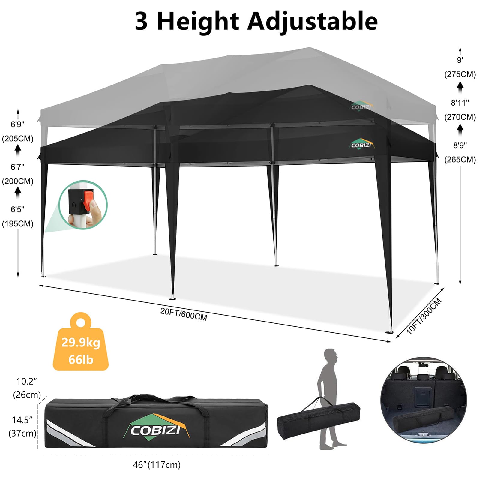COBIZI 10x20 Pop Up Canopy Tent with Removable Sidewalls - Waterproof Commercial Instant Shelter, Outdoor Gazebo & Party Tent - Portable Canopy with Carry Bag (Black, 10'x20') - Perfect for Outdoor Events, Farmers Markets, Beach Parties & Tailgating