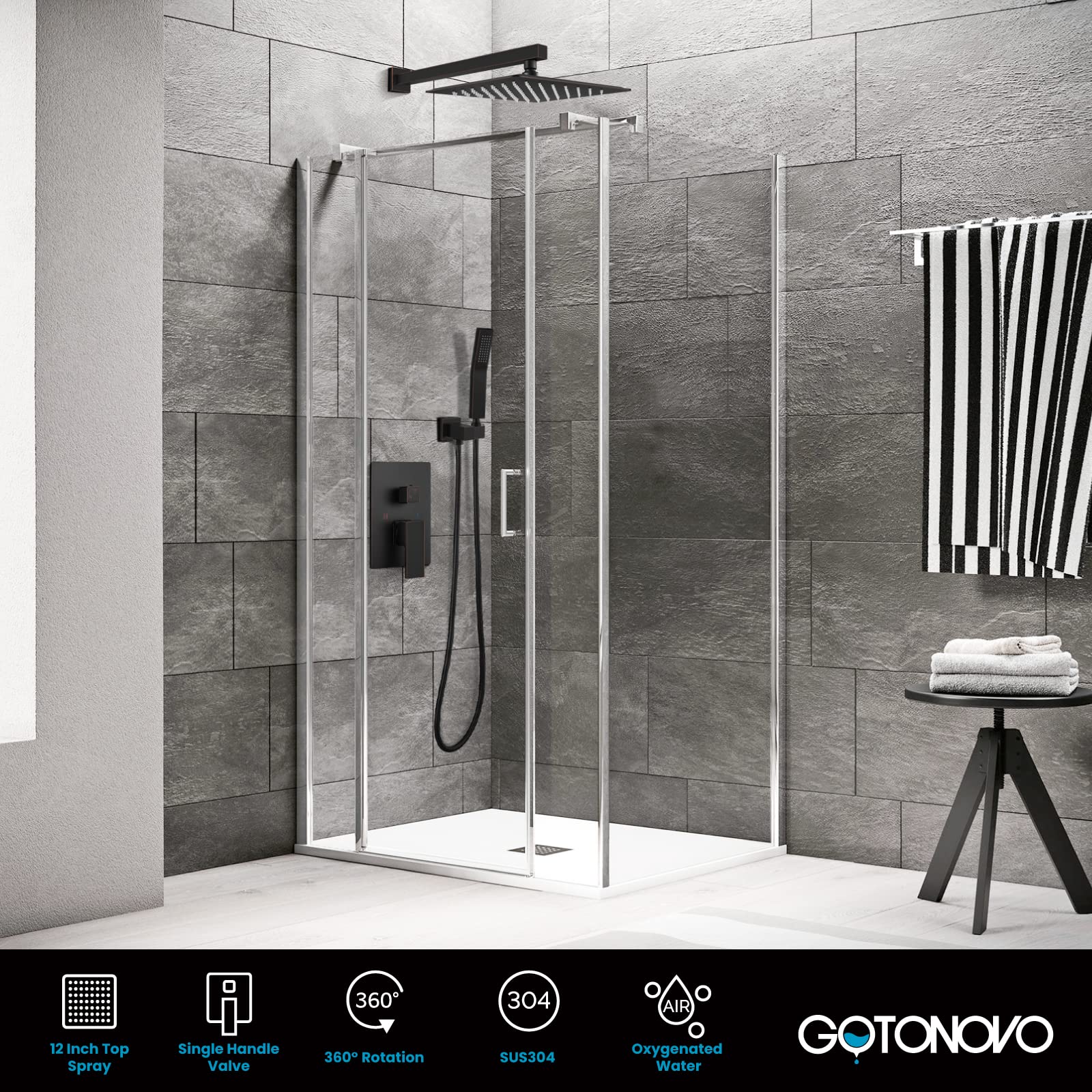 Gotonovo 12 Inch Rainfall Shower System - Oil Rubbed Bronze Wall Mounted Shower Head with Pressure Balancing Mixer Valve & Handheld Sprayer - Complete Bathroom Shower Combo for Luxurious Spa Experience