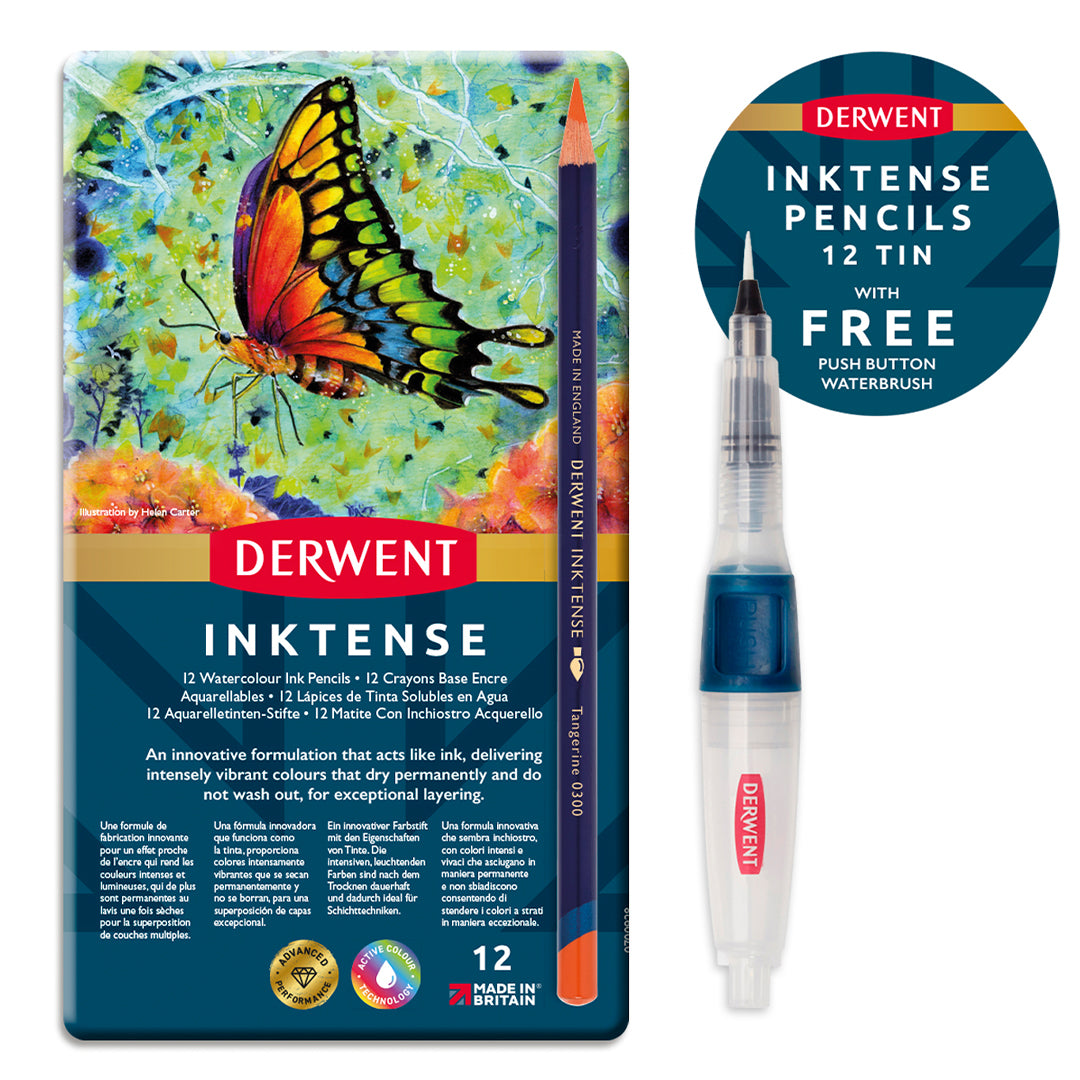 Derwent Inktense 12-Colored Pencil Set with Water Brush - Vibrant Watercolor Pencils for Artists, Sketching & Mixed Media Art Projects