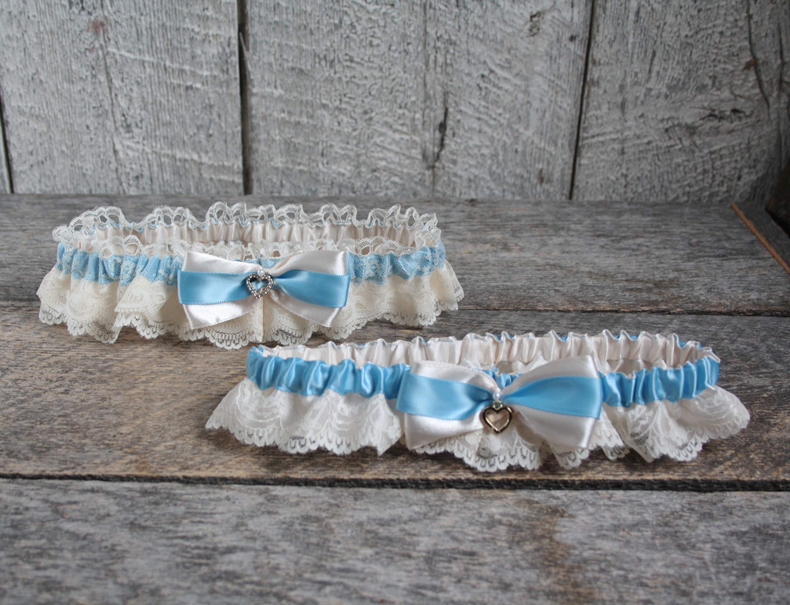 Romantic Blush Ivory & Blue Bridal Garter Set - Heirloom Satin & Lace Wedding Garter - Keepsake & Toss Garter for Bridal Shower, Wedding Ceremony & Bouquet Toss