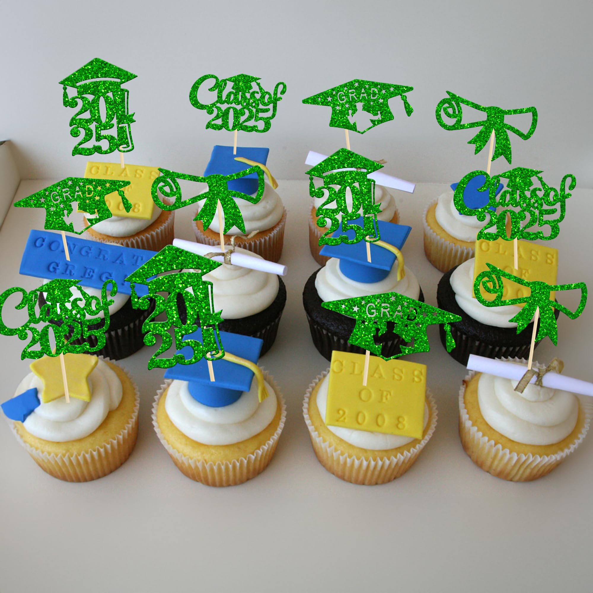 24Pcs Class of 2025 Graduation Cupcake Toppers - Glitter Diploma & Grad Cap Cake Decorations for 2025 Graduation Party Supplies (Green) | Perfect for Graduation Cakes, Cupcakes and Dessert Table Decor