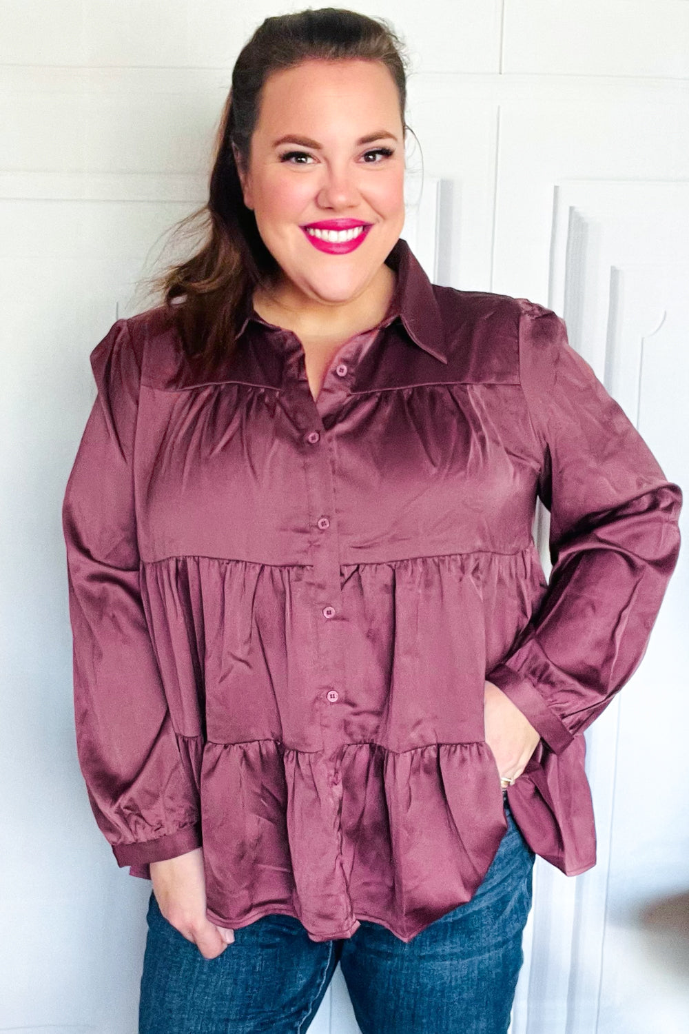 Burgundy Satin Babydoll Top with Button Down & Tiered Design - Perfect for Date Nights, Parties & Casual Outfits