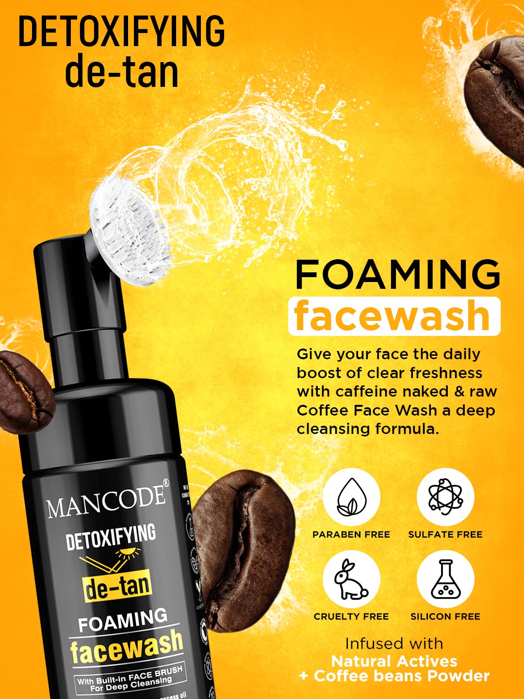 Mancode De-Tan Foaming Face Wash with Brush - Deep Cleansing for Men - Dark Spot & Tan Removal - 150ml - Perfect for Daily Skincare Routine