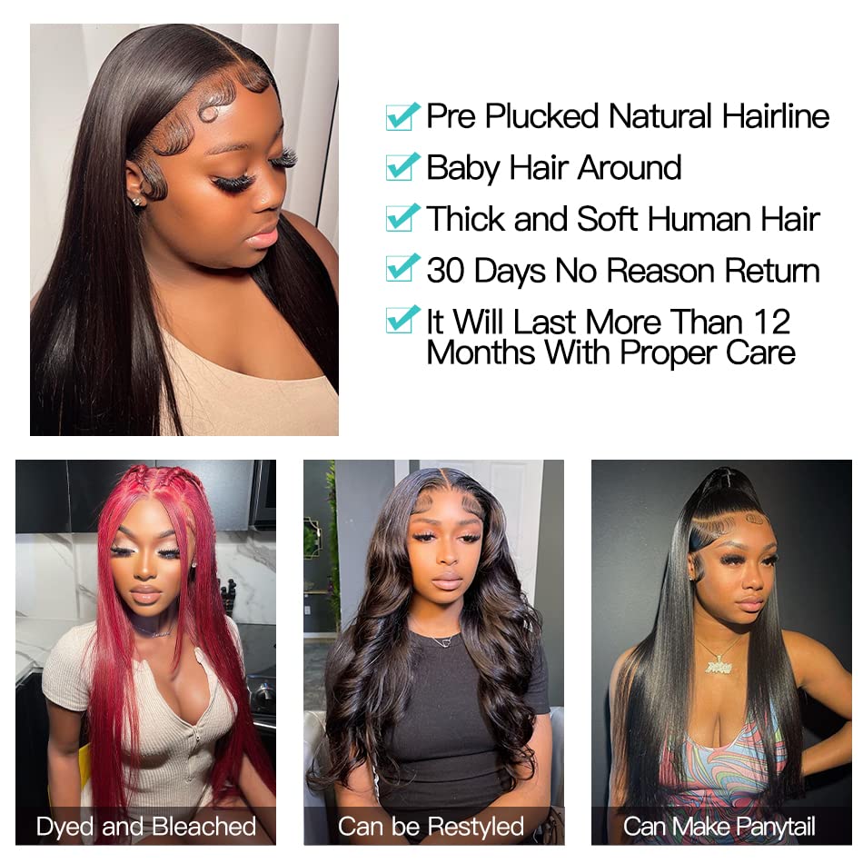 13x4 Straight Lace Front Wigs Human Hair - Pre Plucked 180% Density HD Transparent Frontal Wig for Black Women with Baby Hair (22 Inch) | Natural Look for Daily Wear, Parties & Special Occasions