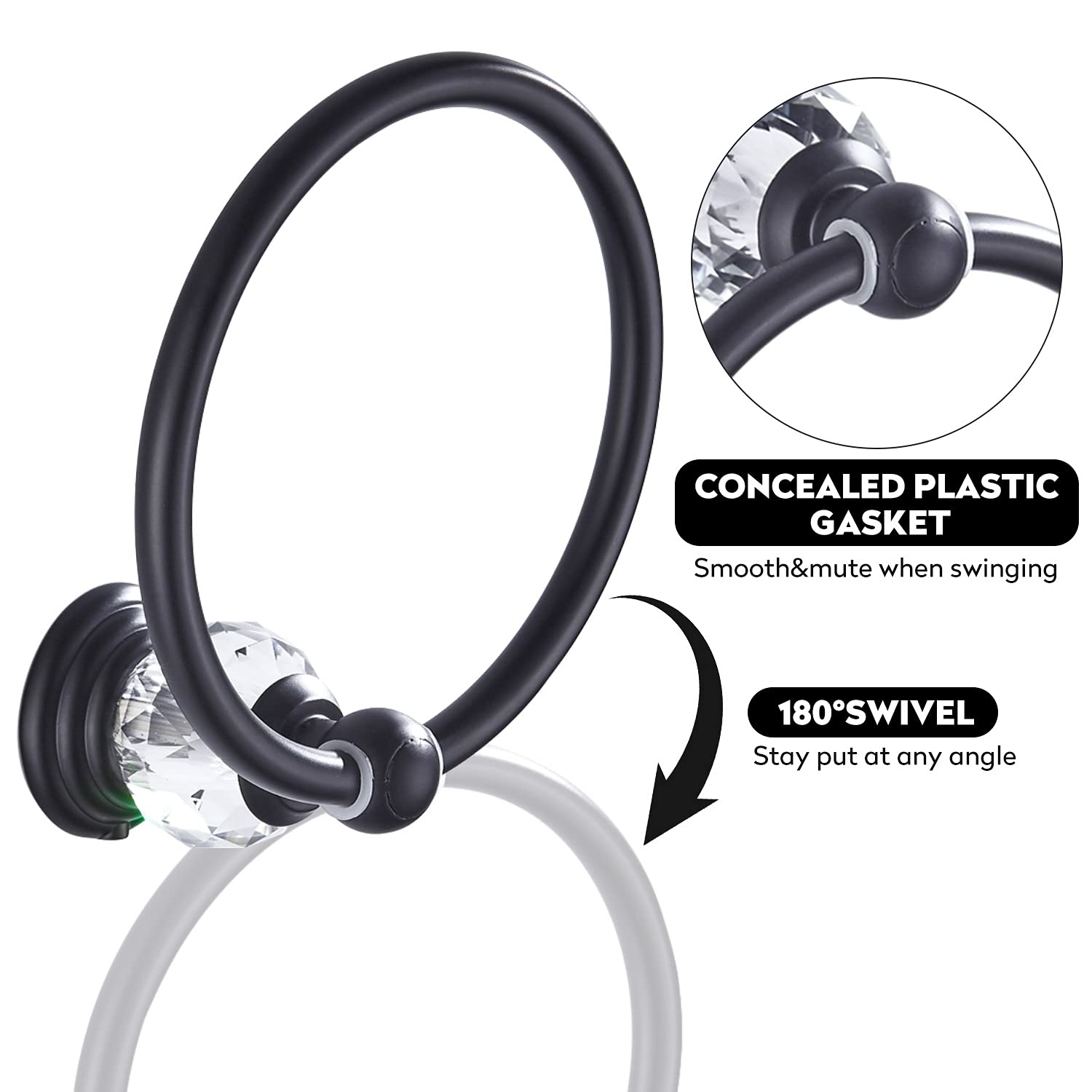 WINCASE Matte Black Crystal Towel Ring - Wall Mounted Bathroom Hand Towel Holder & Round Towel Hanger Rack for Modern Home Decor | Perfect for Guest Bathrooms, Powder Rooms & Spa-Style Showers