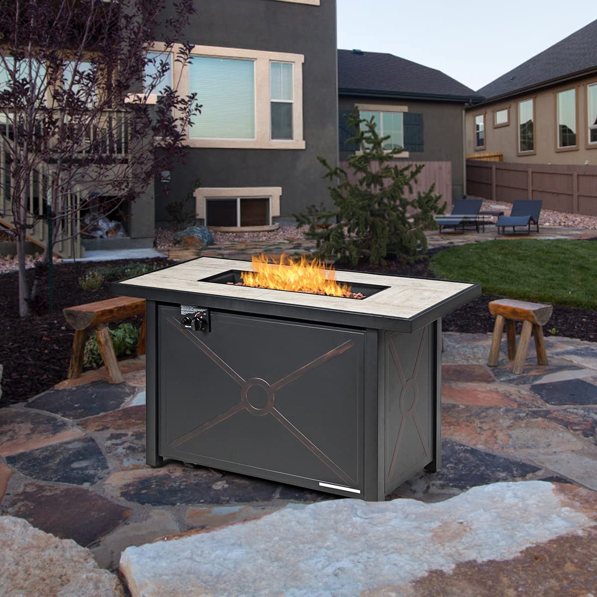 42 Inch Giantex Rectangular Propane Fire Pit Table with Ceramic Tabletop - 60,000 BTU Outdoor Gas Heater with Electronic Ignition, Lava Rocks, Waterproof Cover & Table Cover - Perfect for Patio, Backyard, Deck & Outdoor Gatherings
