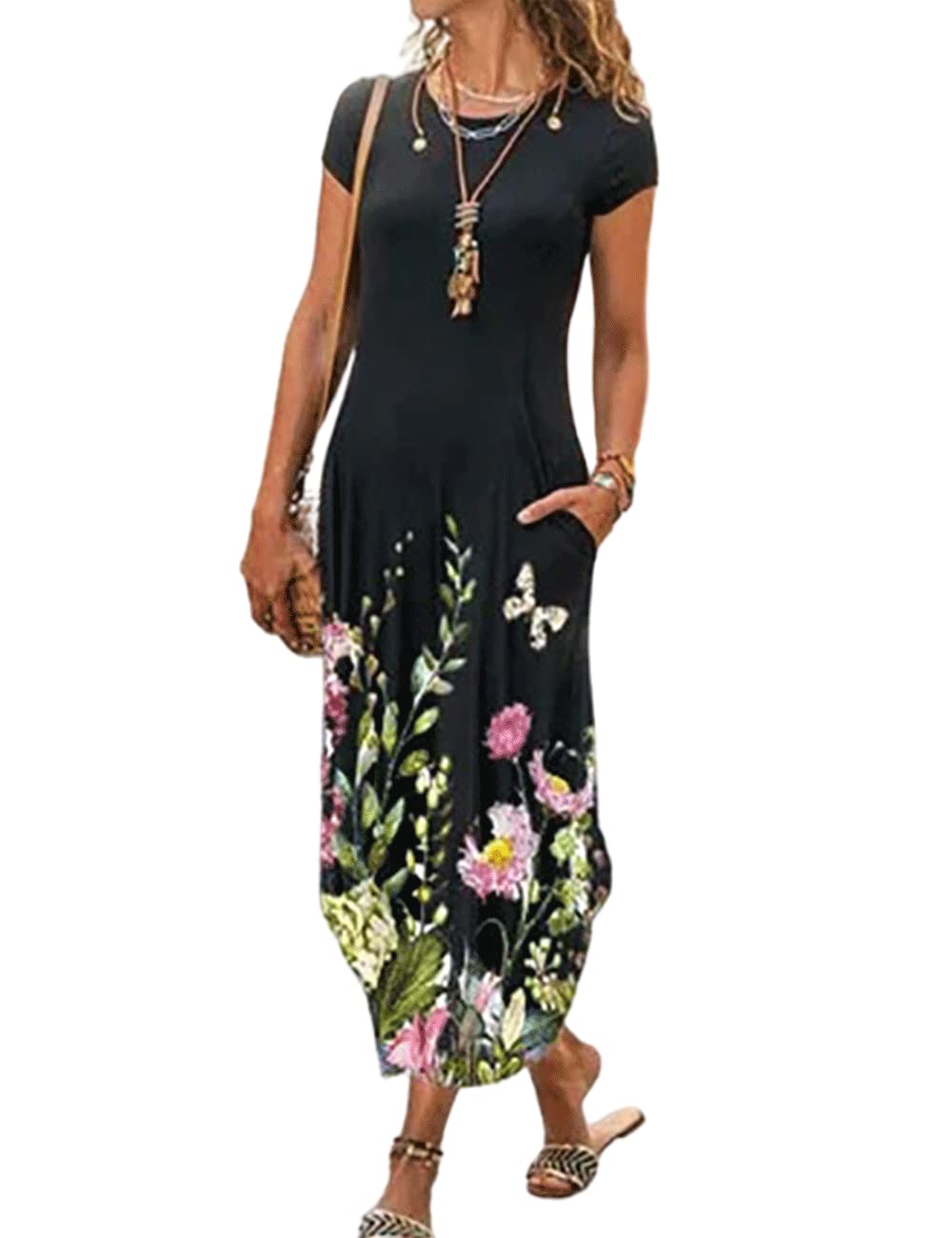 Women's Floral Printed Summer Maxi Dress with Pockets - Boho Casual Short Sleeve Loose Fit Split Hem Dress for Beach Vacation, Outdoor Parties & Date Nights