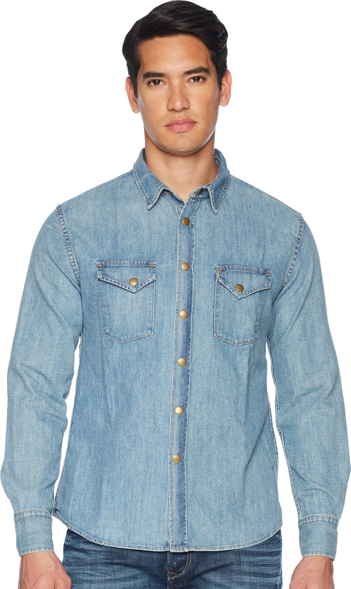Billy Reid Men's Denim Brass Snap Work Shirt - Classic Button-Up Shirt for Casual & Workwear | Durable Cotton Denim Shirt for Everyday Wear, Outdoor Activities & Layering
