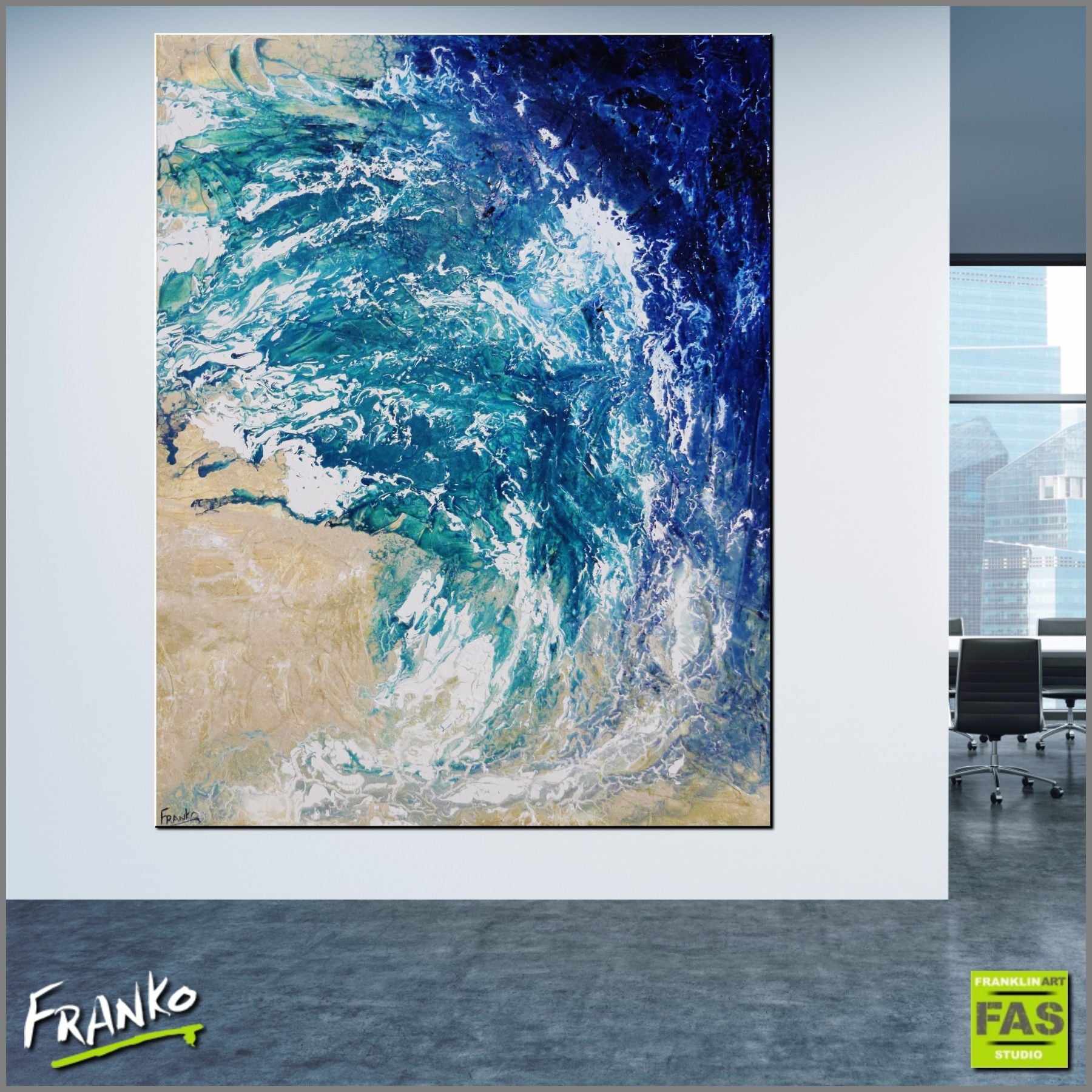 140cm x 180cm Blue White Cream Abstract Ocean Painting - Modern Wall Art for Living Room, Bedroom & Office Decor
