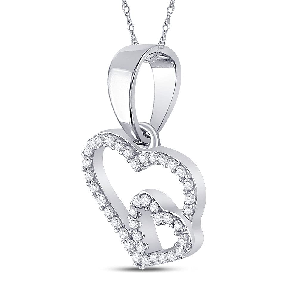 10K White Gold Women's Round Diamond Double Heart Pendant Necklace - 1/10 CTTW, Elegant Gift for Valentine's Day, Anniversary & Special Occasions