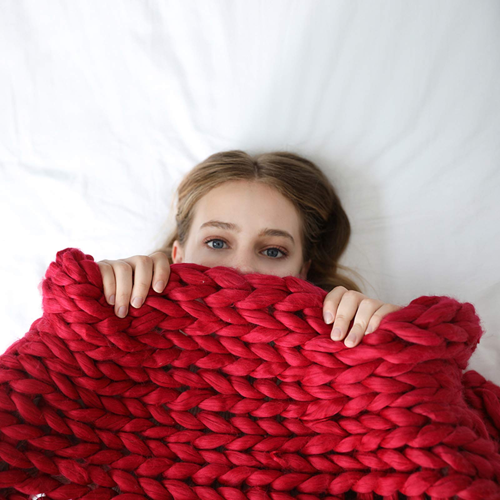Chunky Knit Blanket Handmade Bulky Light Teal - Super Soft & Thick Knitted Throw Blanket (40x60in) | 2CM Wide Boho Home Decor | Acrylic Yarn Farmhouse Gift for Living Room, Bed & Bench Cozy Scenes
